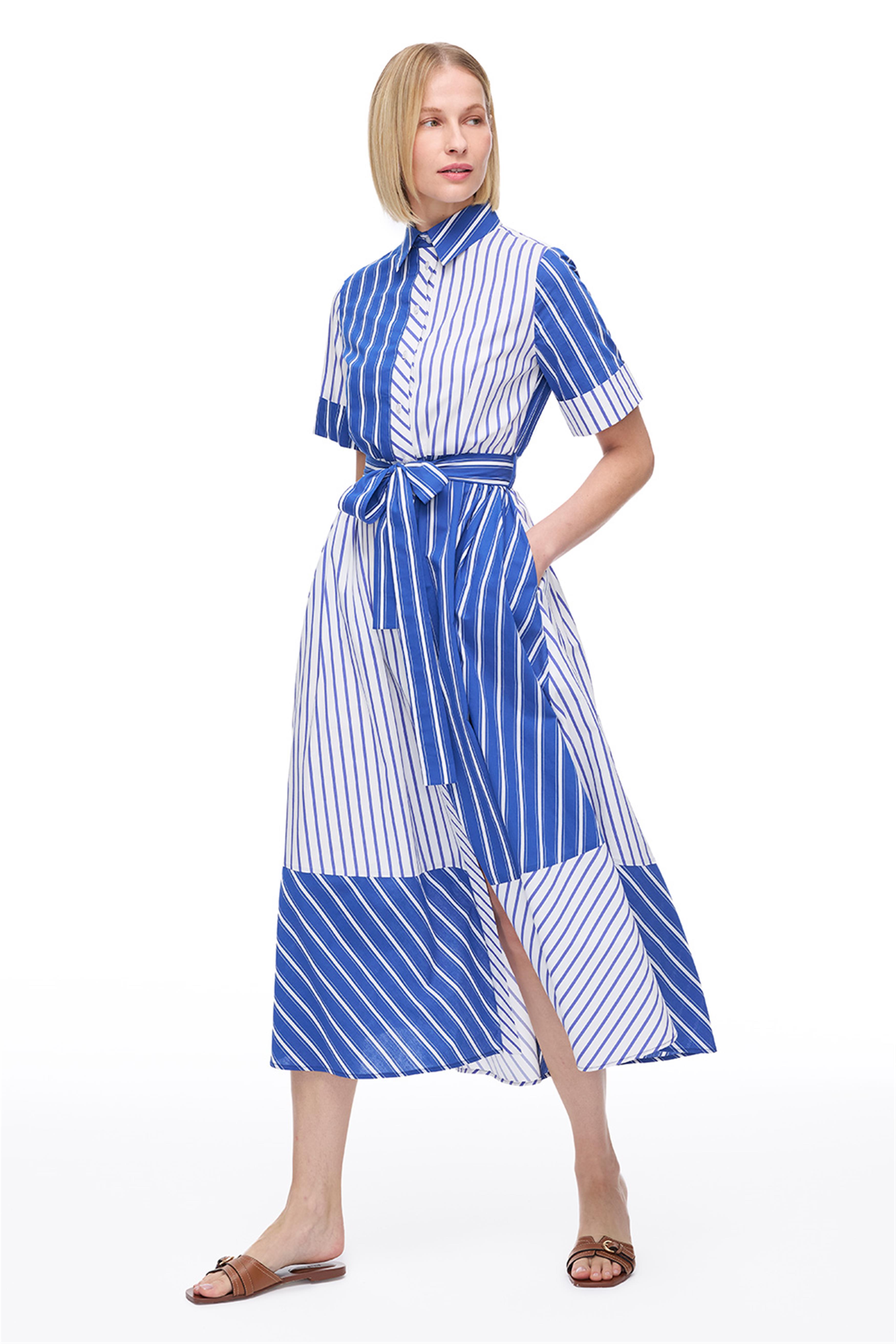 Saks Çizgili Düğmeli Uzun Elbise