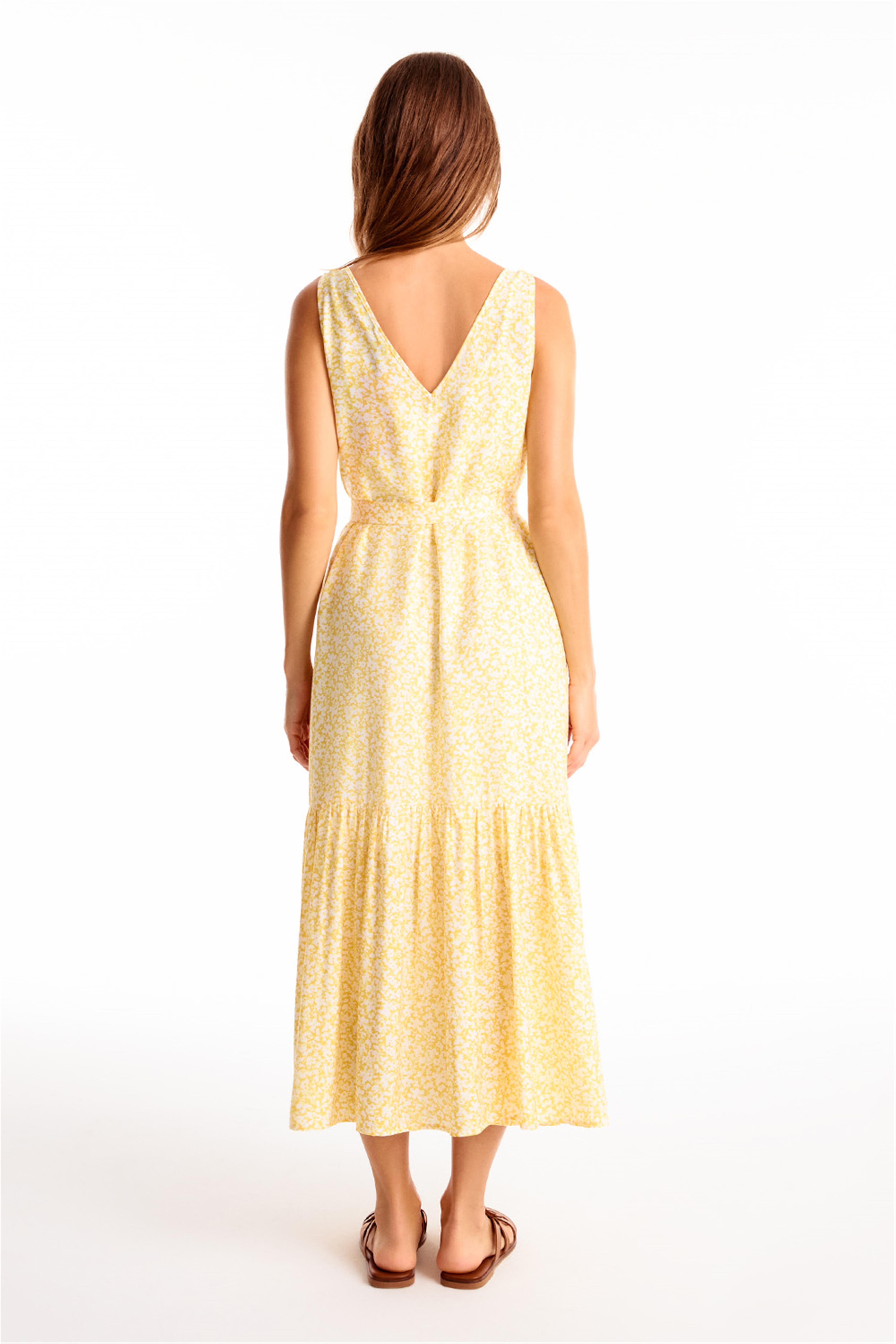 Sari Heart Rahat Kalıp Çiçekli Midi Boy Elbise