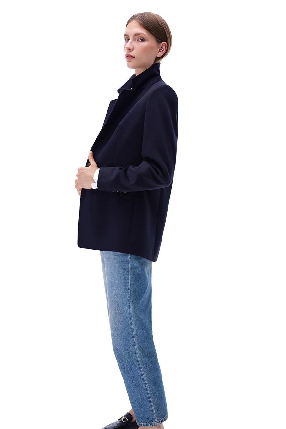 Sensorial Regular Fit Standart Boy Takma Kol Ceket Yaka Lacivert Ceket