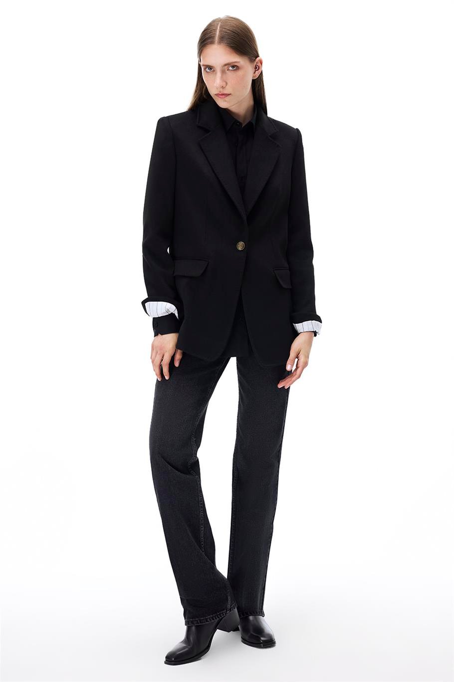 Sensorial Regular Fit Standart Boy Takma Kol Ceket Yaka Siyah Ceket