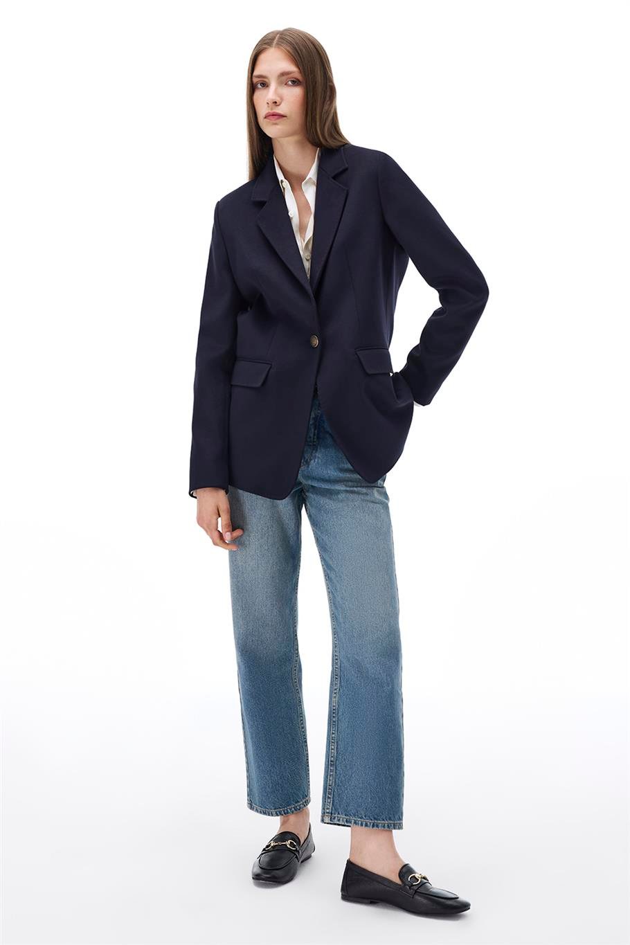 Sensorial Regular Fit Standart Boy Takma Kol Ceket Yaka Lacivert Ceket