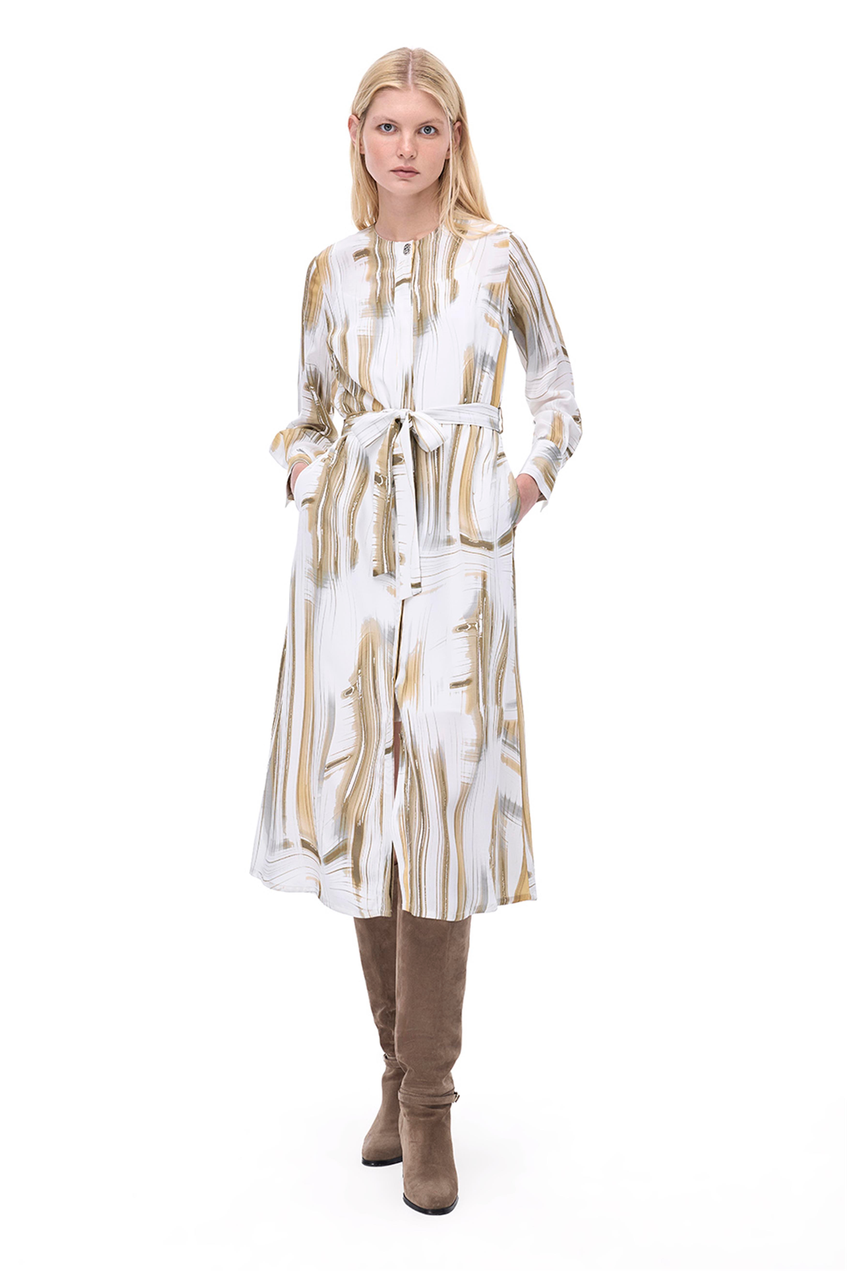 Serenity Regular Fit Soyut Desenli Midi Boy Takma Kol Bisiklet Yaka Ekru Renk Elbise