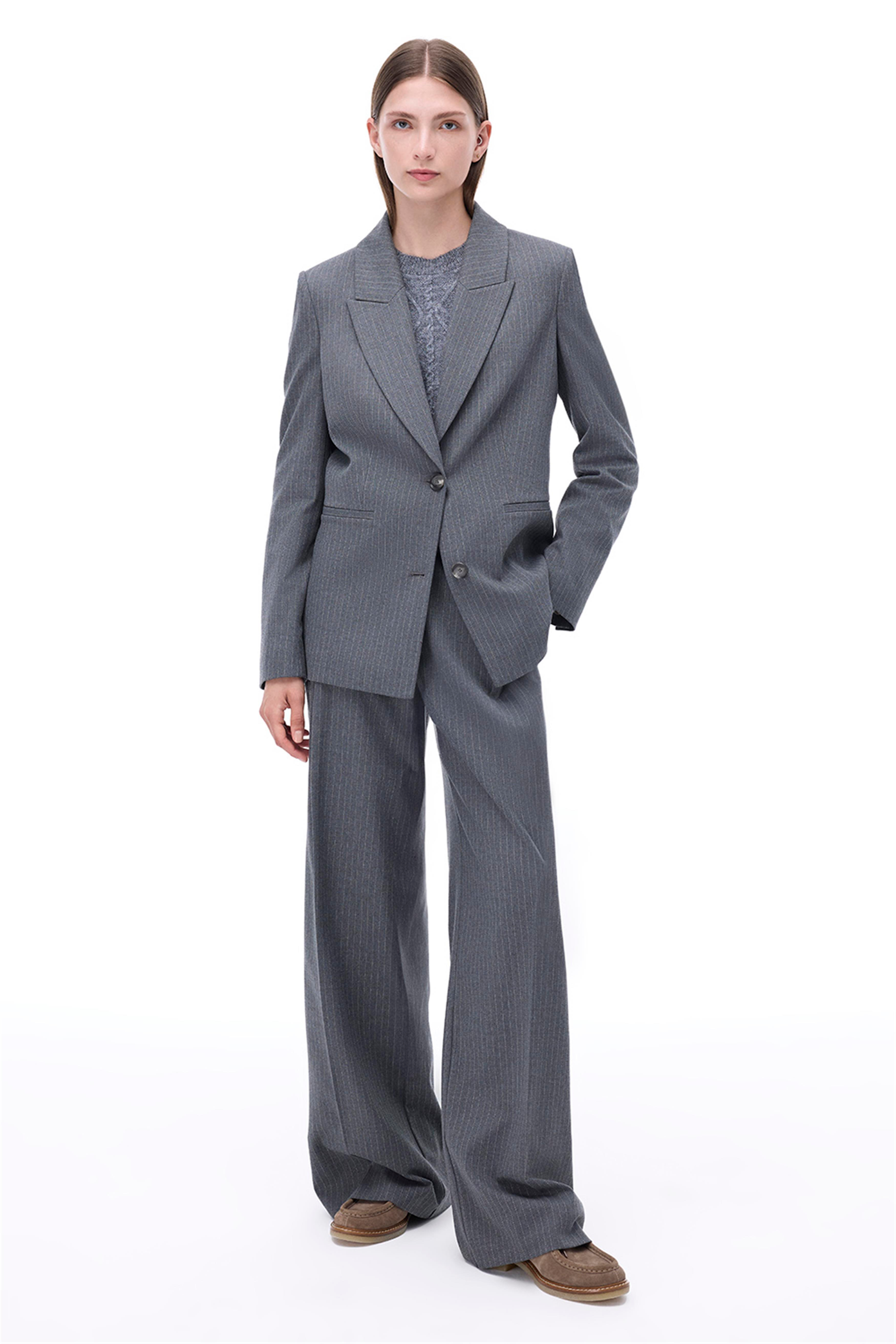 Simple Regular Fit Çizgili Desenli Standart Boy Takma Kol Ceket Yaka Antrasit Renk Kadın Ceket