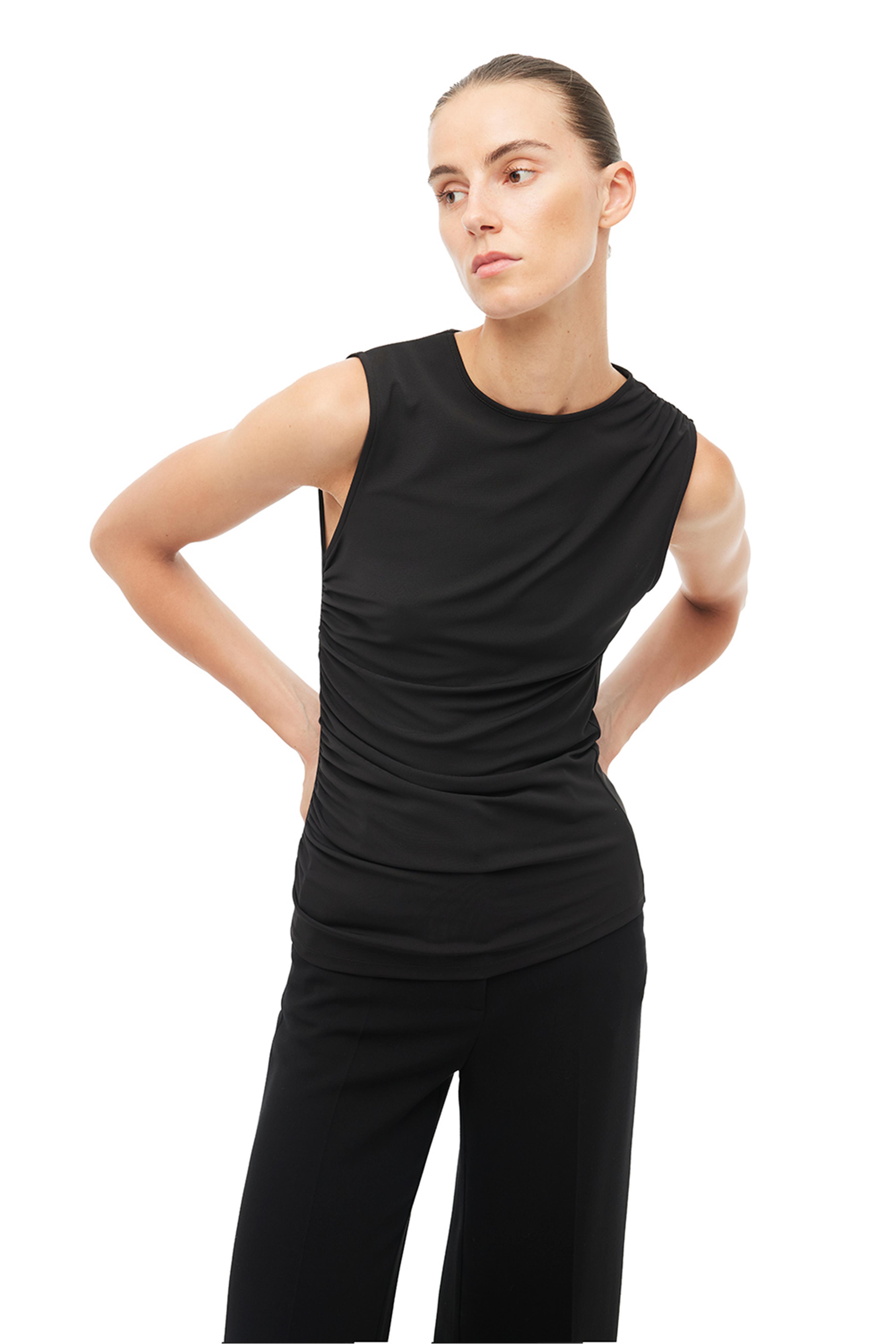 Siyah Asimetrik Yaka Slim Fit Sıfır Kol Bluz