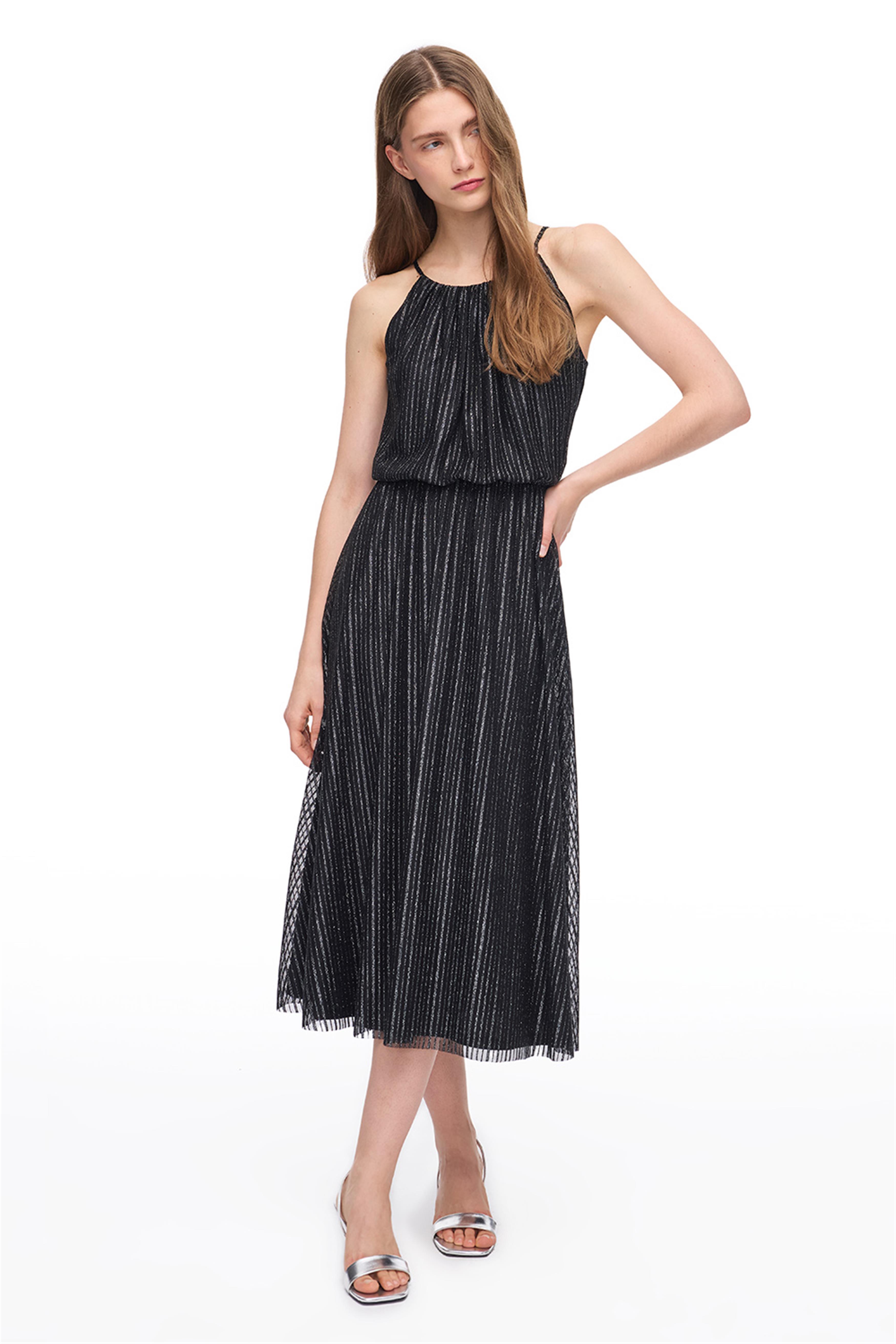 Siyah Askılı Hafif Işıltılı Elbise