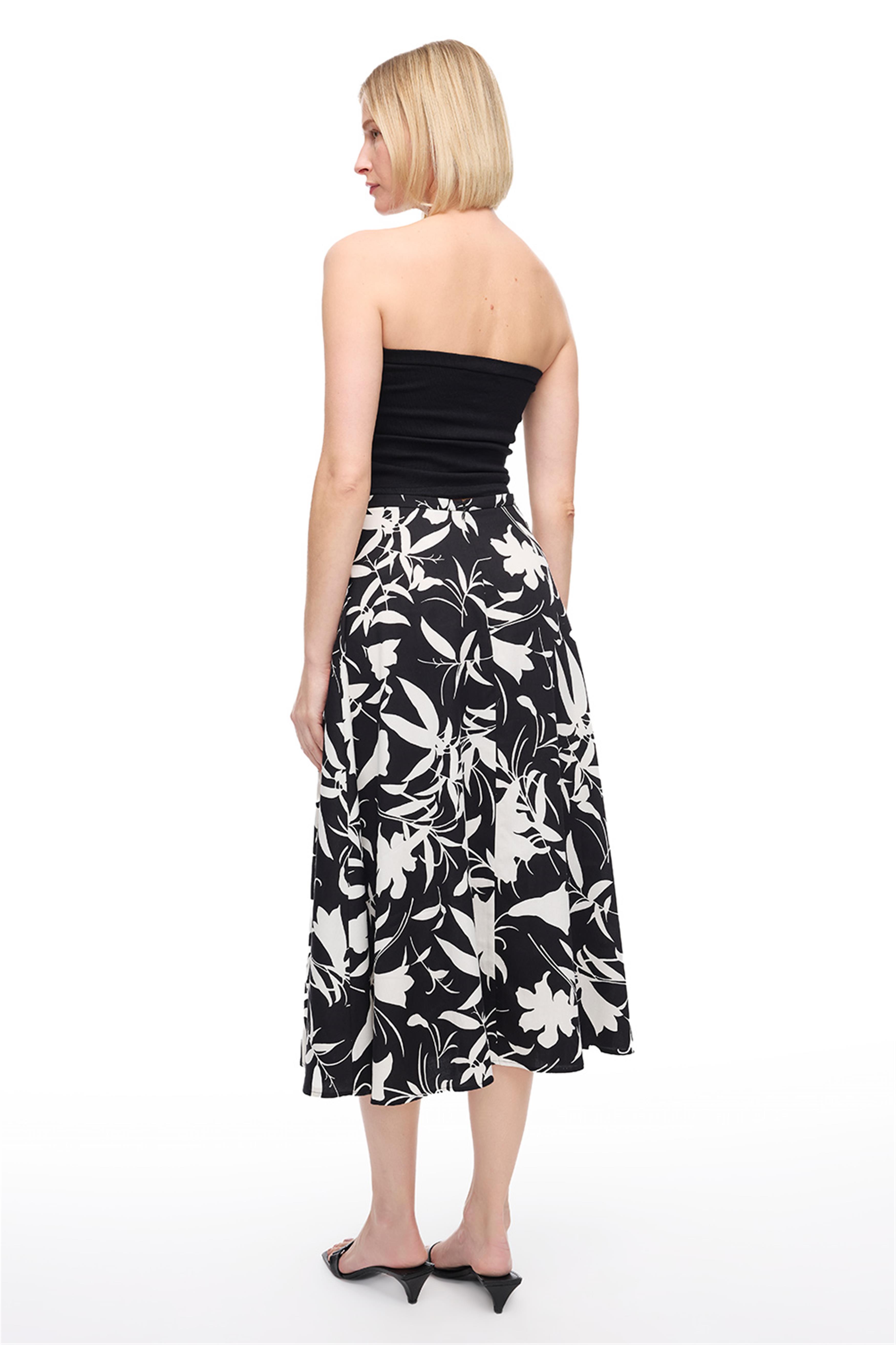 Siyah Beyaz Çiçek Desenli Midi Pamuk Etek