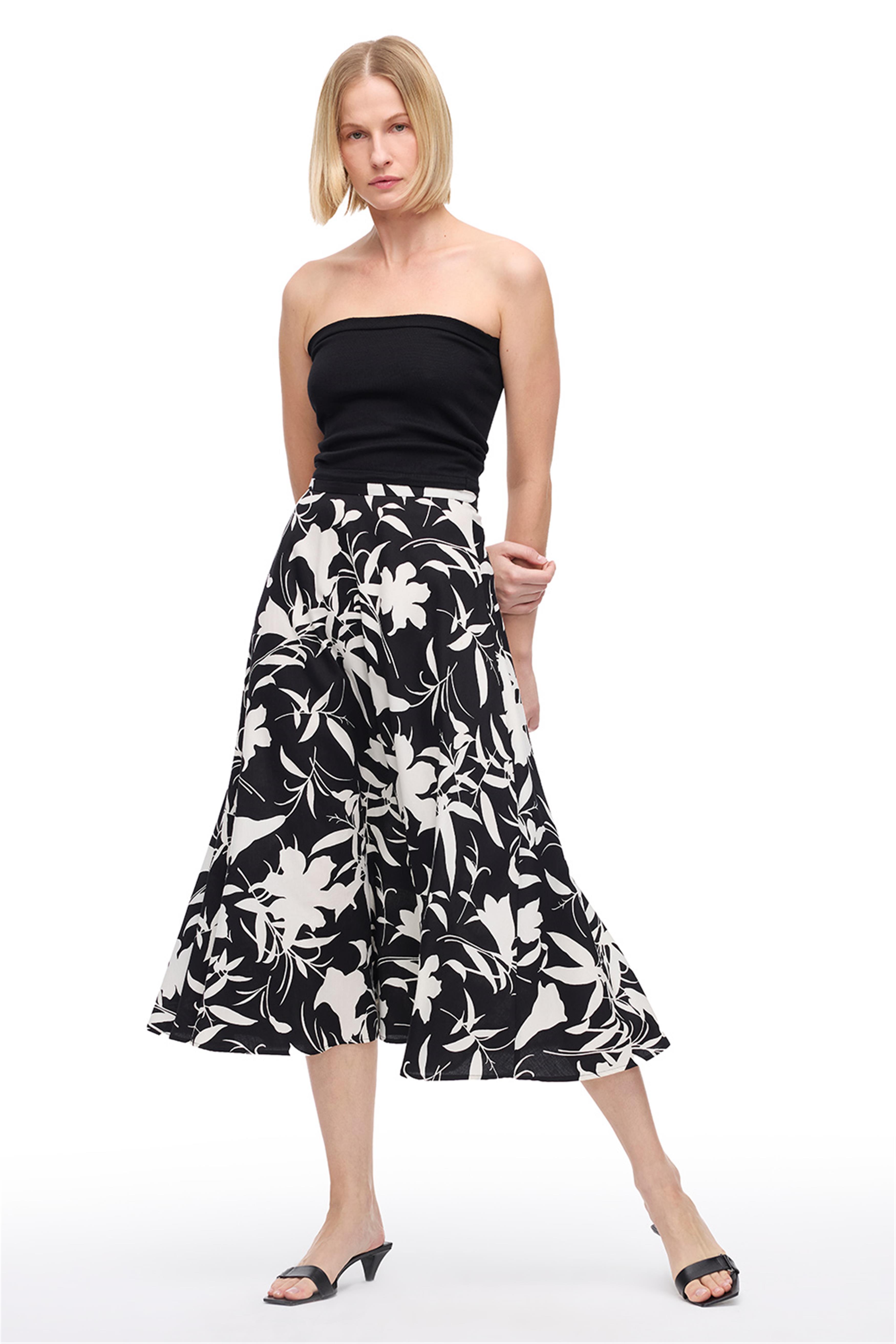 Siyah Beyaz Çiçek Desenli Midi Pamuk Etek