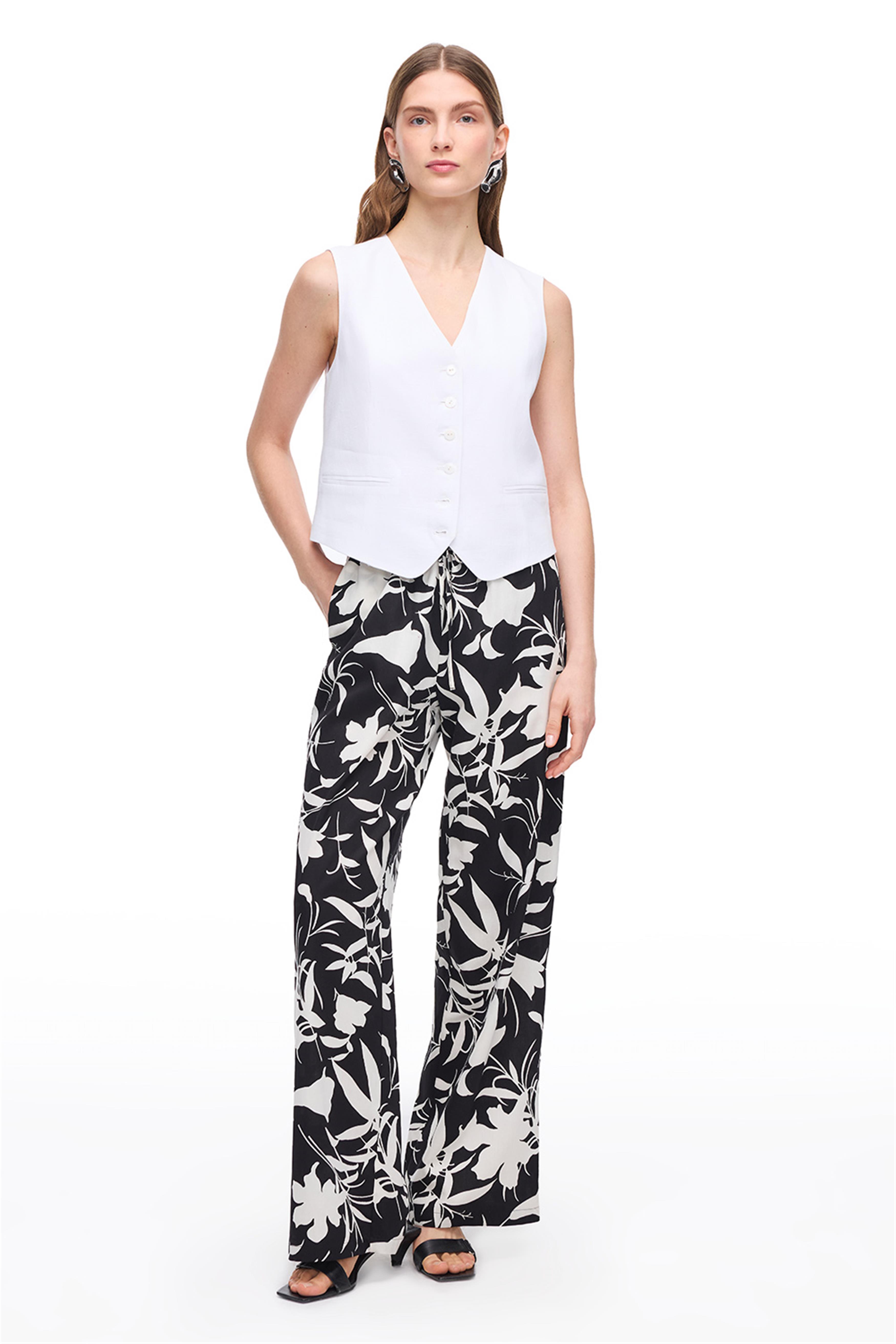 Siyah Beyaz Çiçek Desenli Pamuklu Yüksek Bel Pantolon