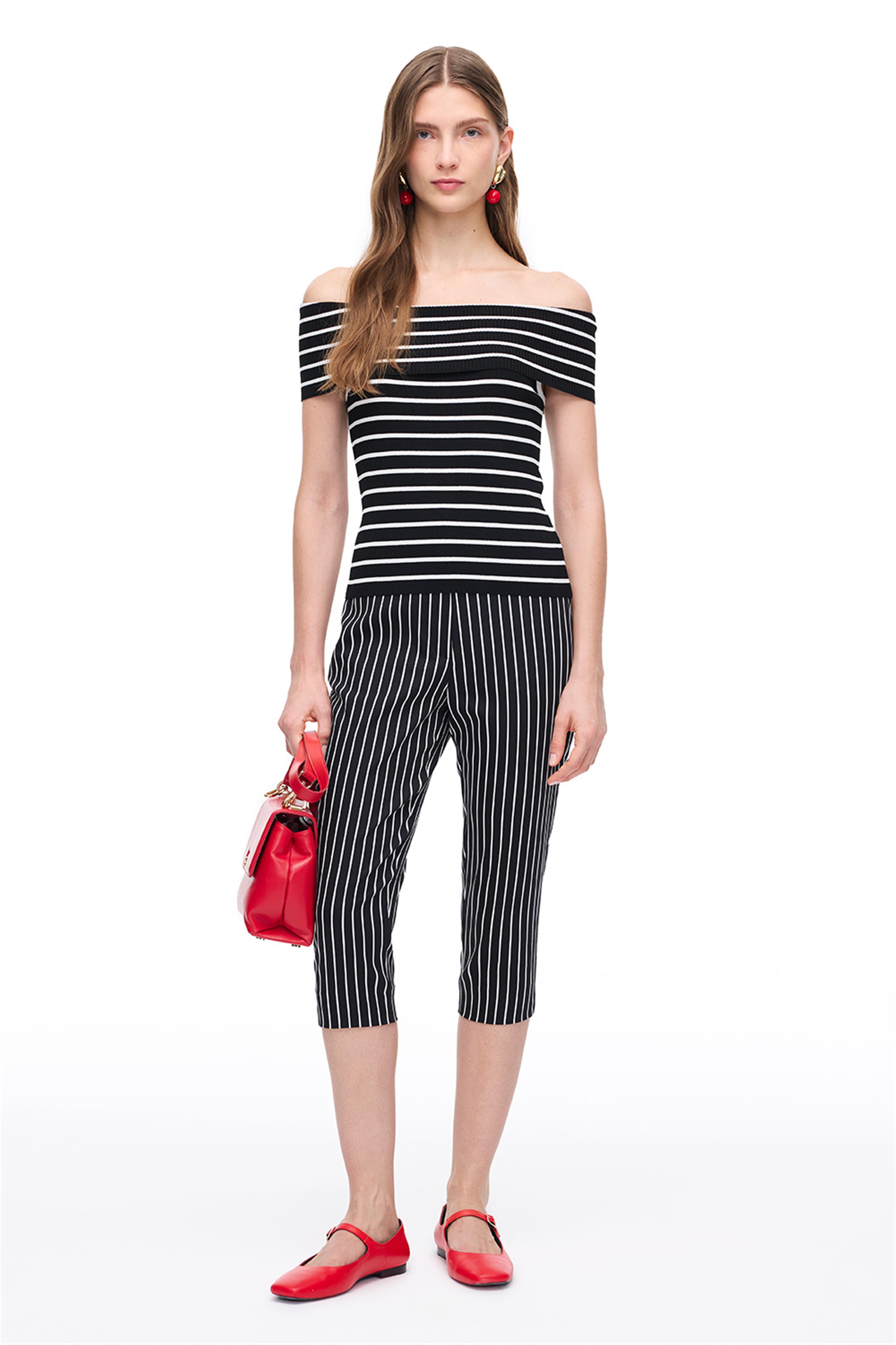 Siyah Beyaz Çizgili Yüksek Bel Pamuklu Pantolon