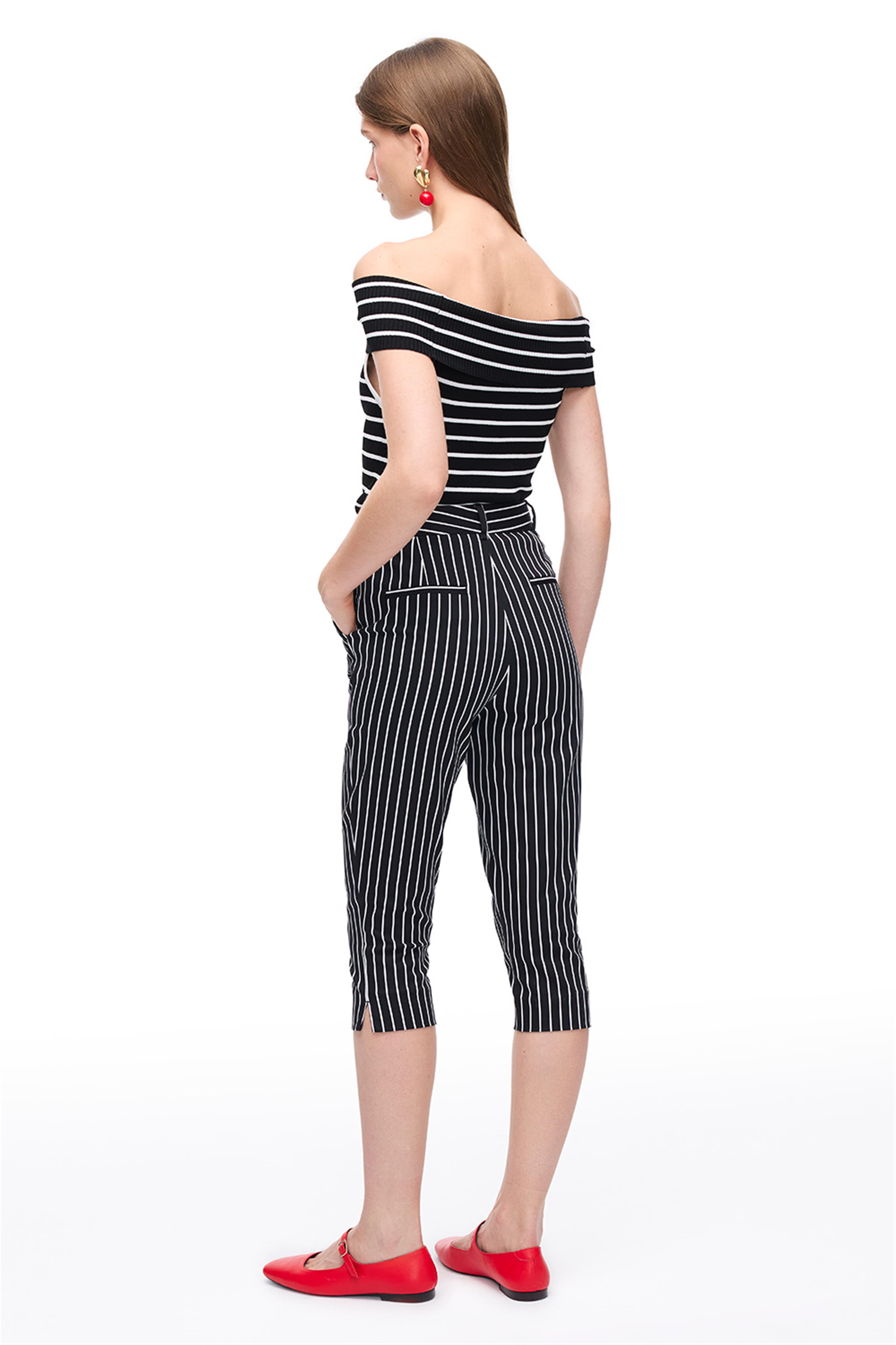 Siyah Beyaz Çizgili Yüksek Bel Pamuklu Pantolon