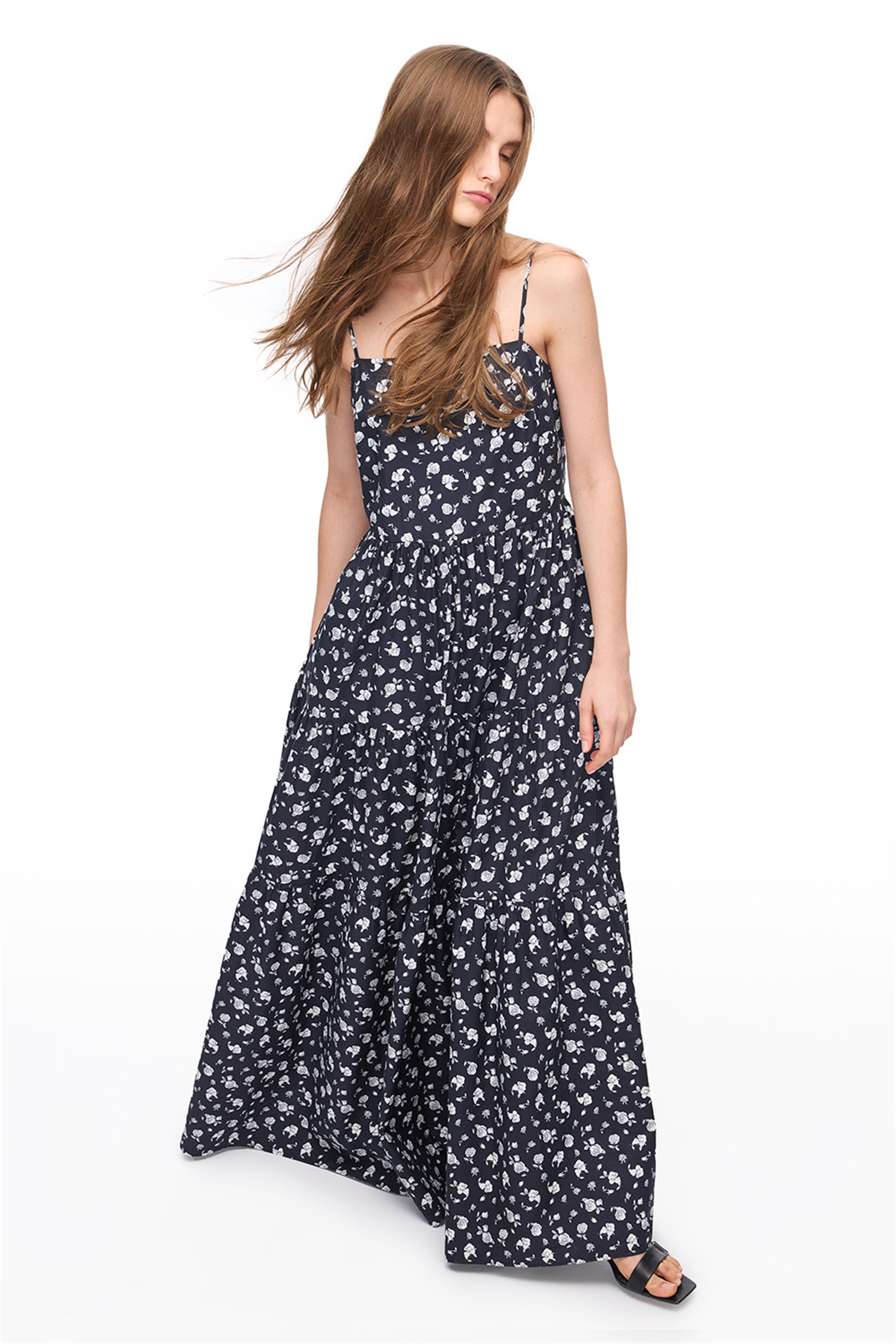 Siyah Beyaz Tonias Rahat Kalıp Çiçekli Uzun Boy Elbise