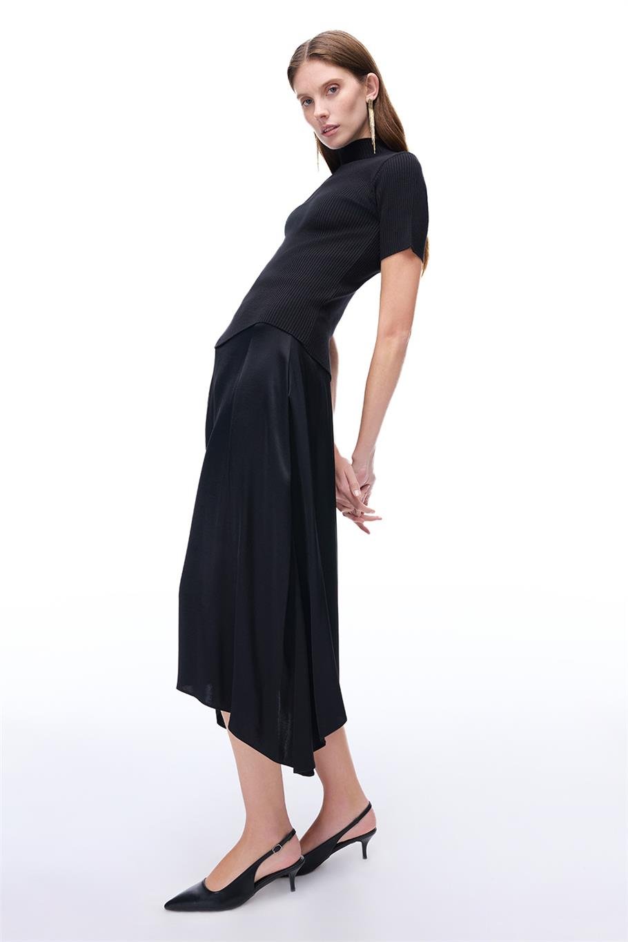 Siyah Fermuarlı Yüksek Bel Midi Etek