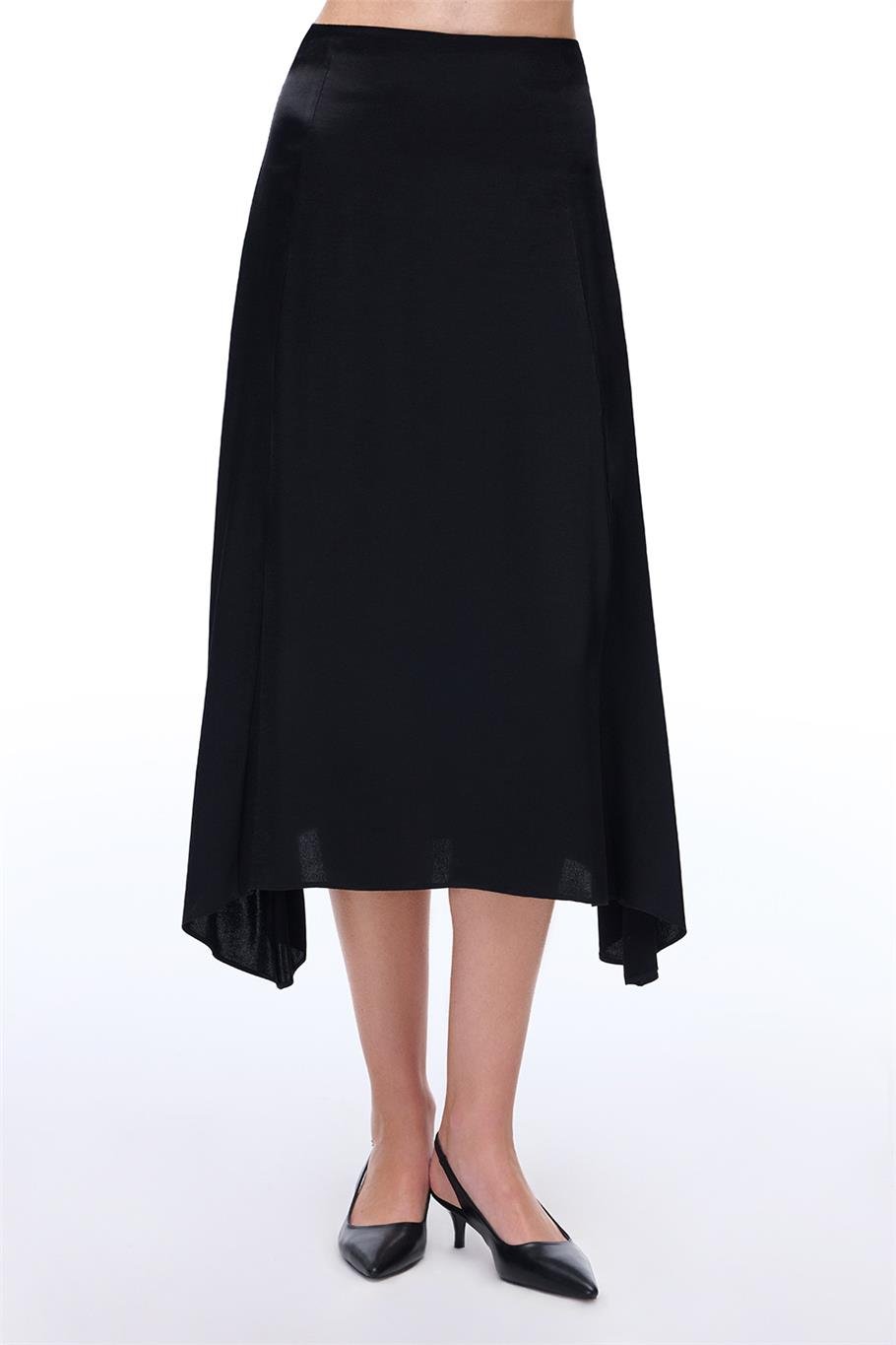 Siyah Fermuarlı Yüksek Bel Midi Etek