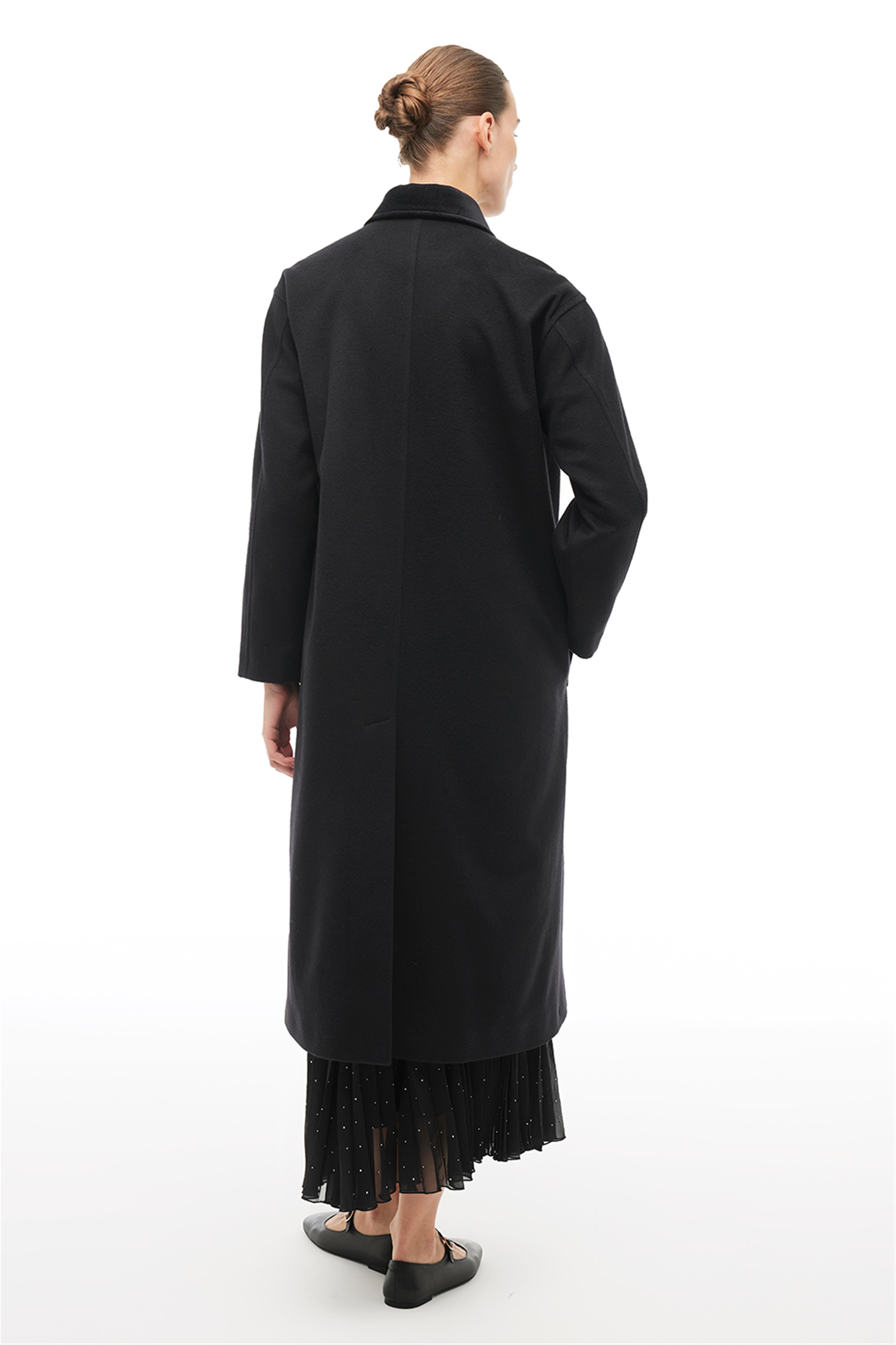 Siyah Gömlek Yaka Midi Kaban