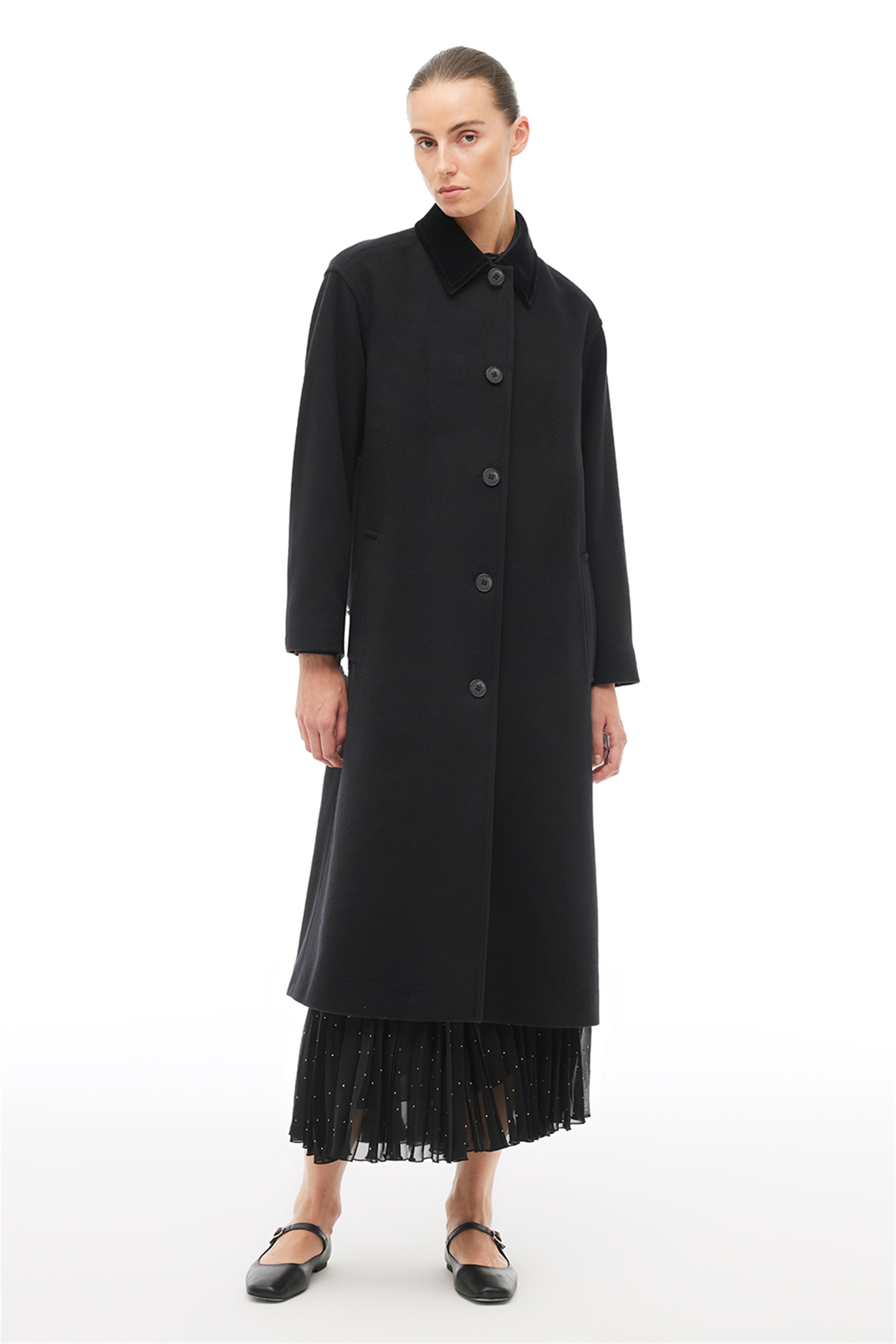 Siyah Gömlek Yaka Midi Kaban