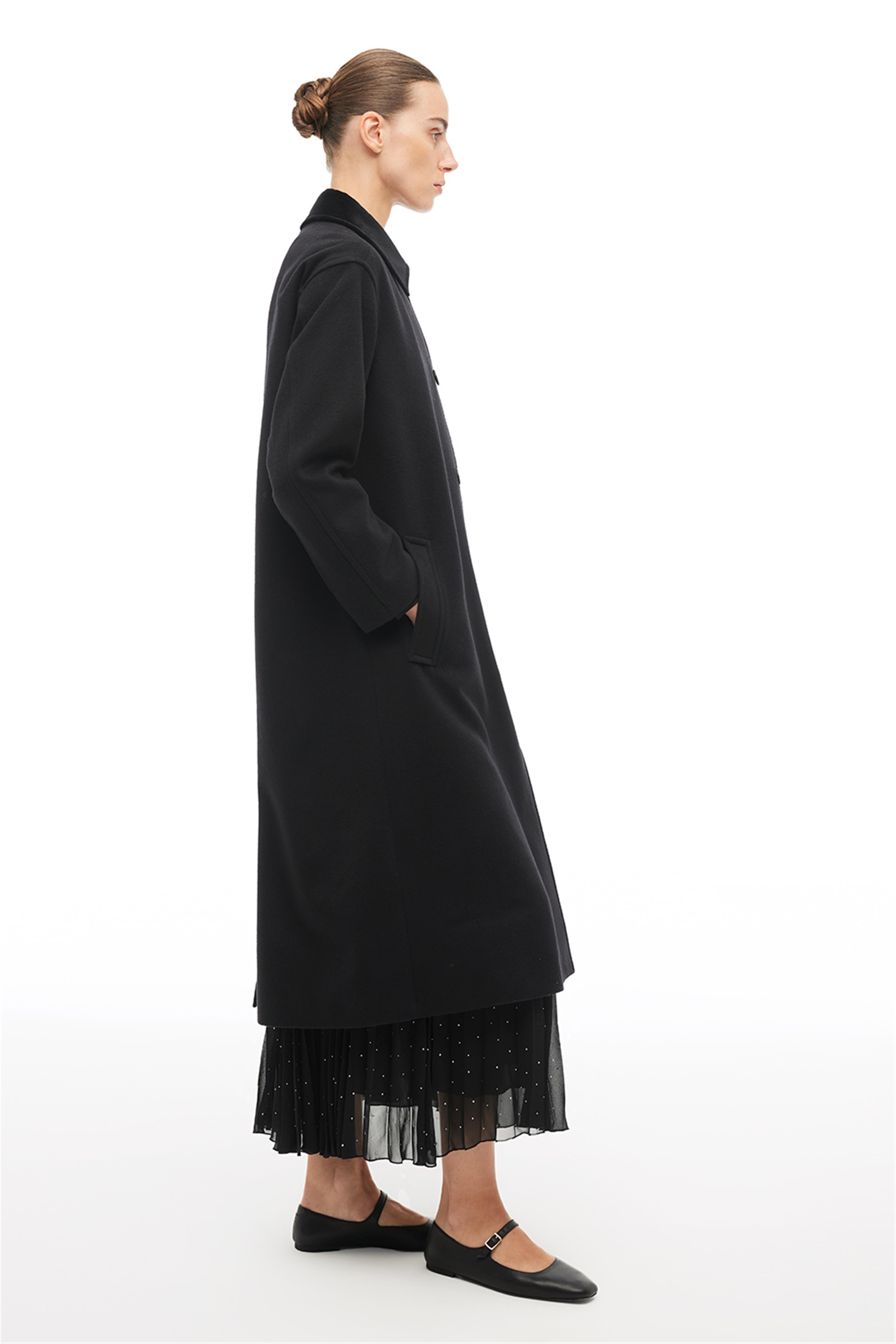 Siyah Gömlek Yaka Midi Kaban