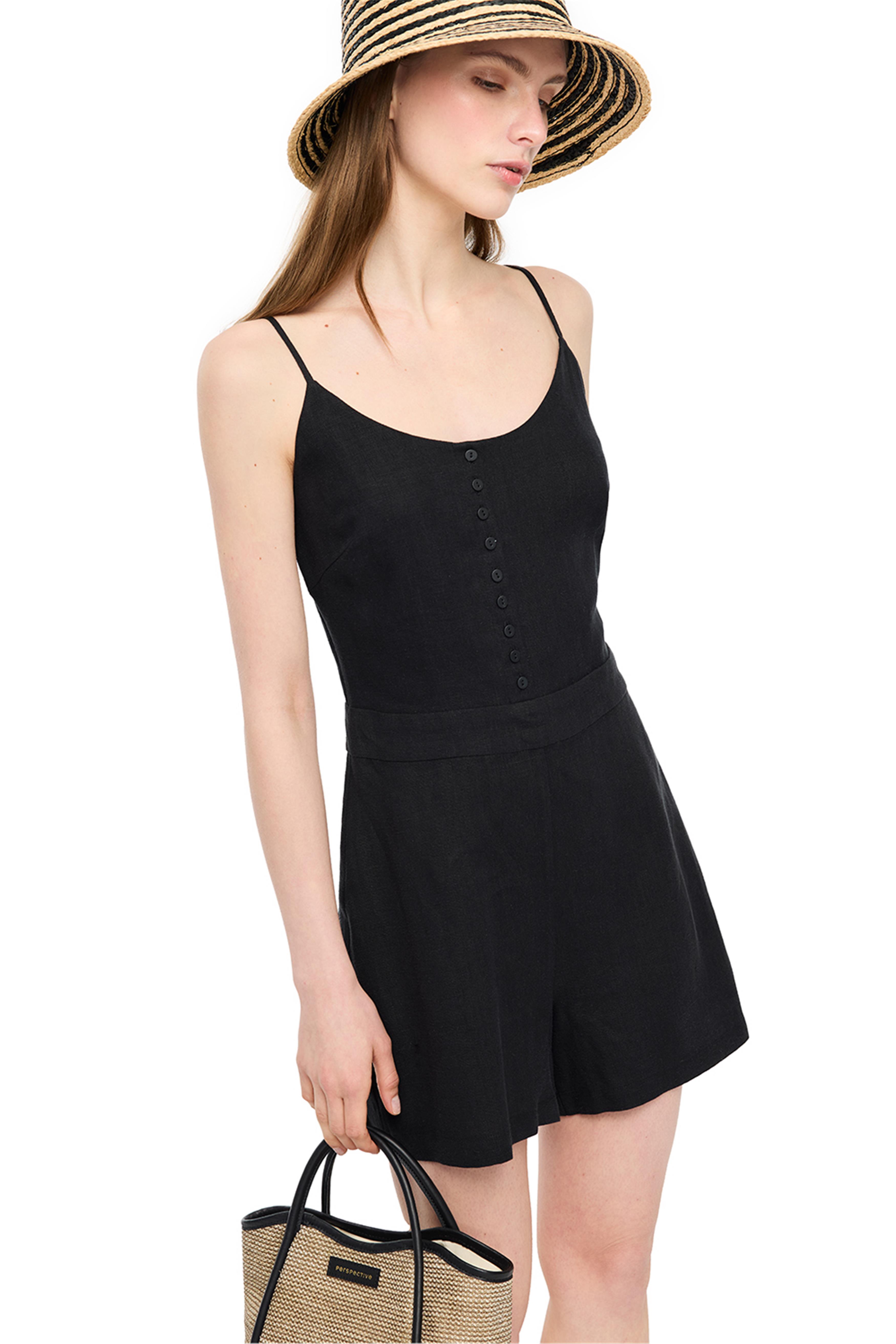 Siyah Holas Regular Fit U Yaka Kısa Boy Tulum