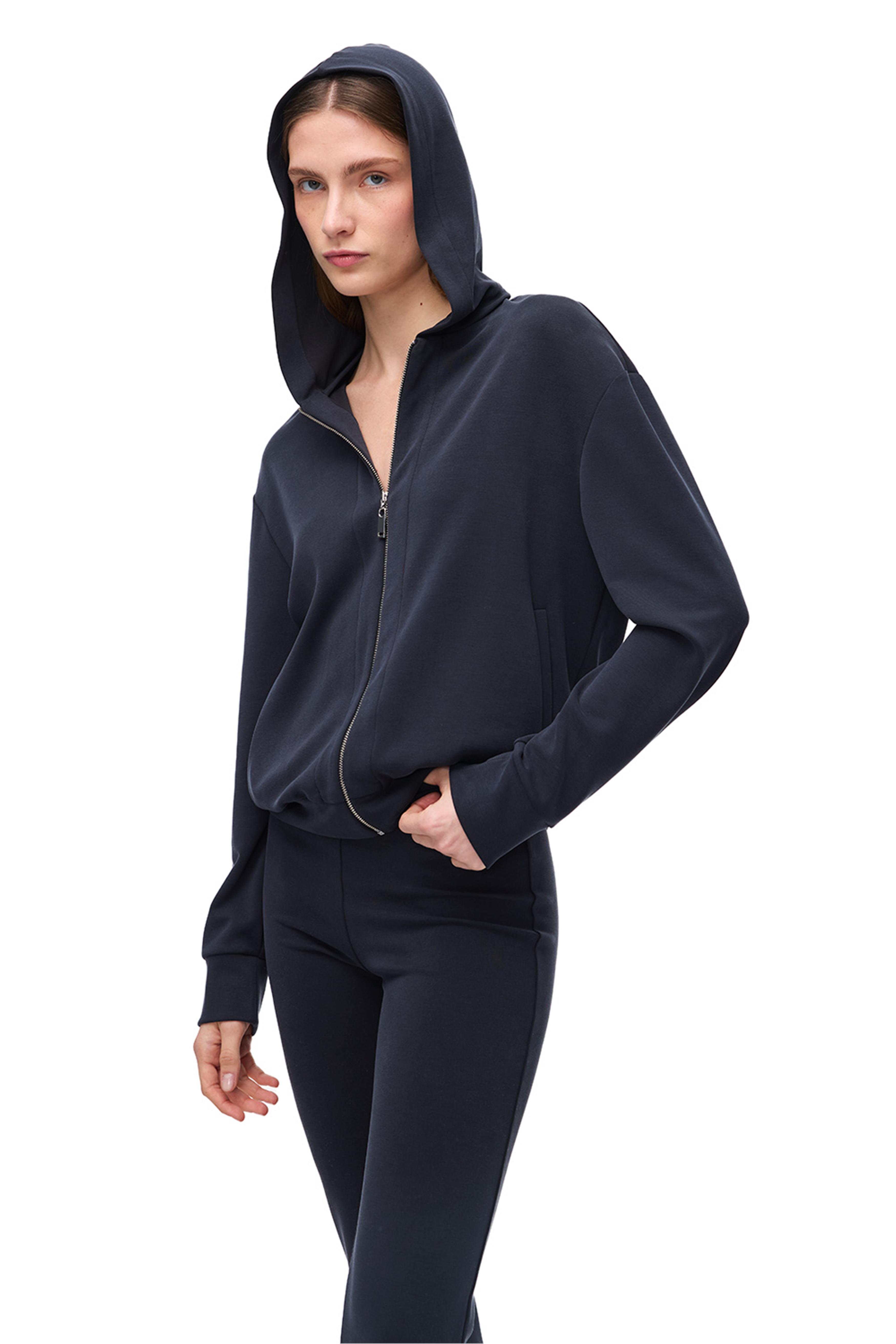 Siyah Modal Karışımlı Fermuarlı Bisiklet Yaka Üst