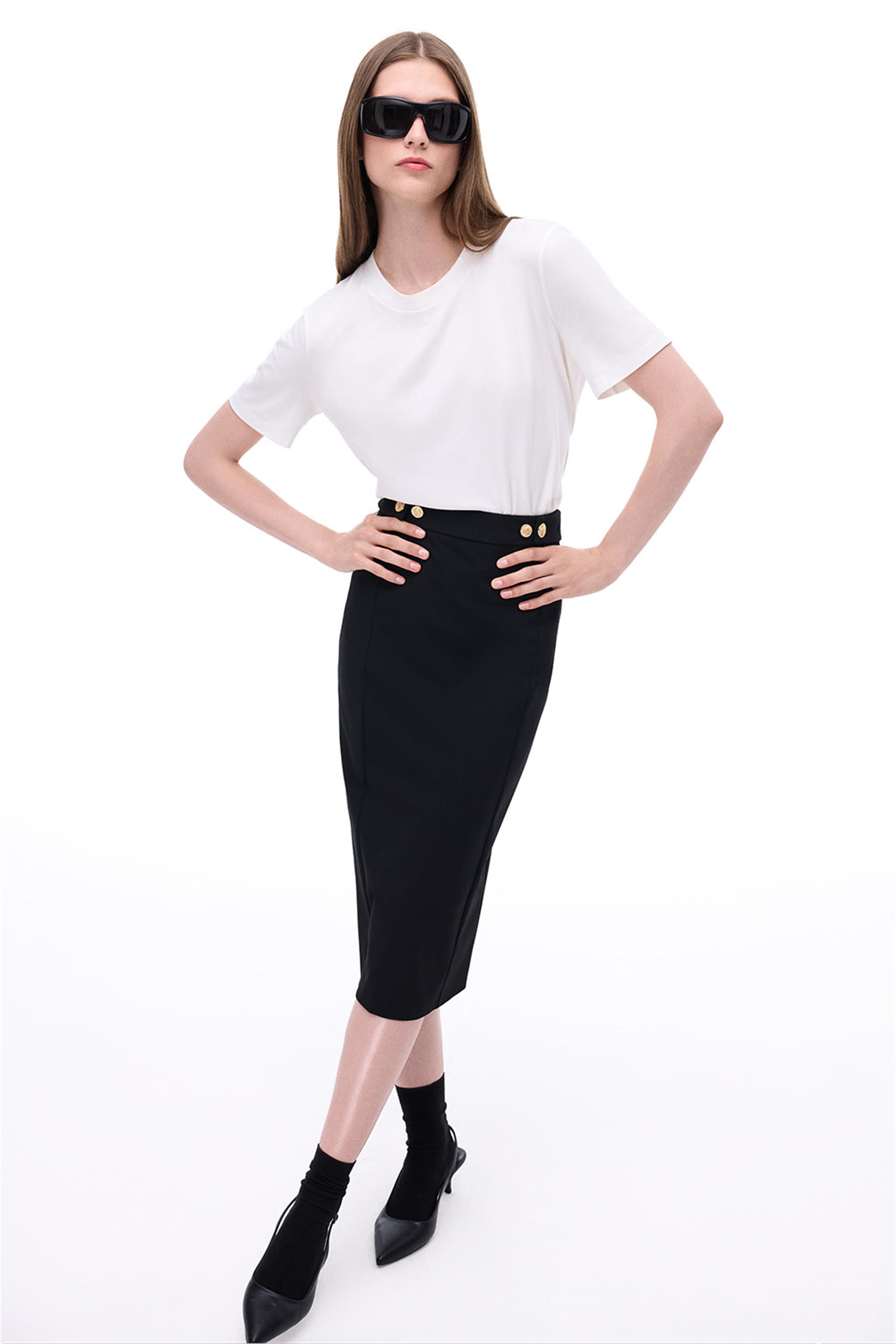 Siyah Orta Bel Slim Fit Diz Altı Etek