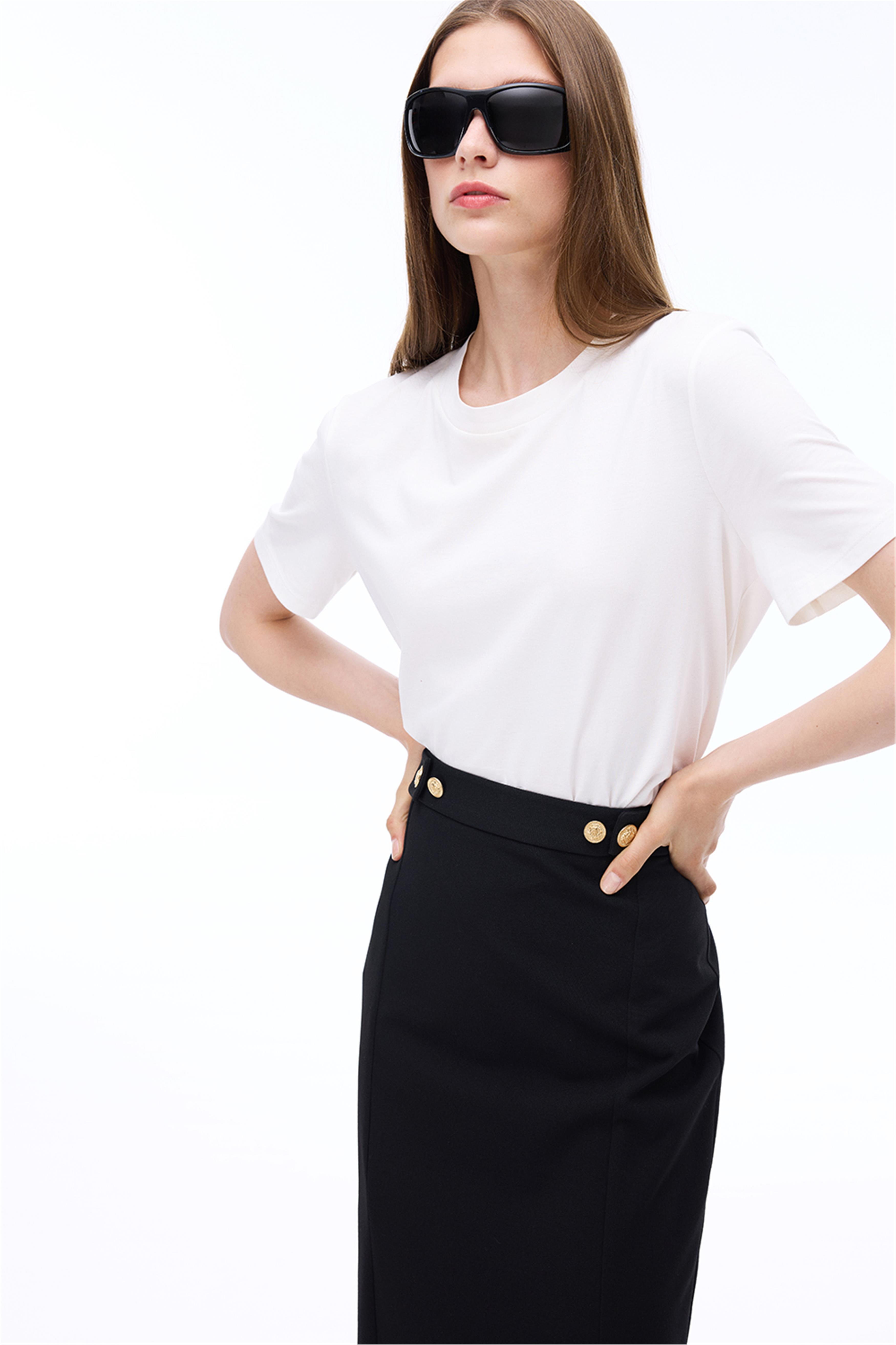 Siyah Orta Bel Slim Fit Diz Altı Etek