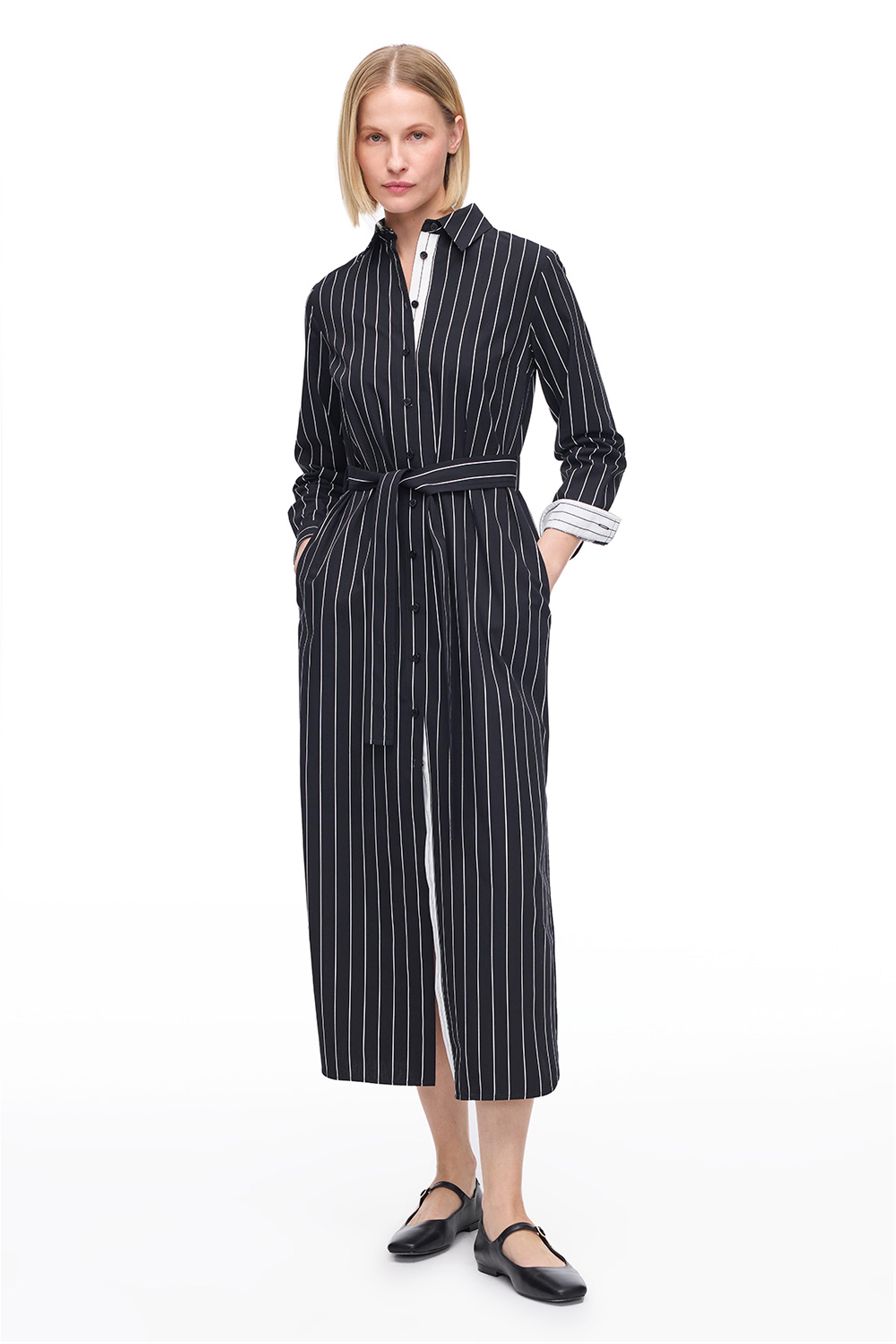 Siyah Uzun Kollu Çizgili Gömlek Elbise
