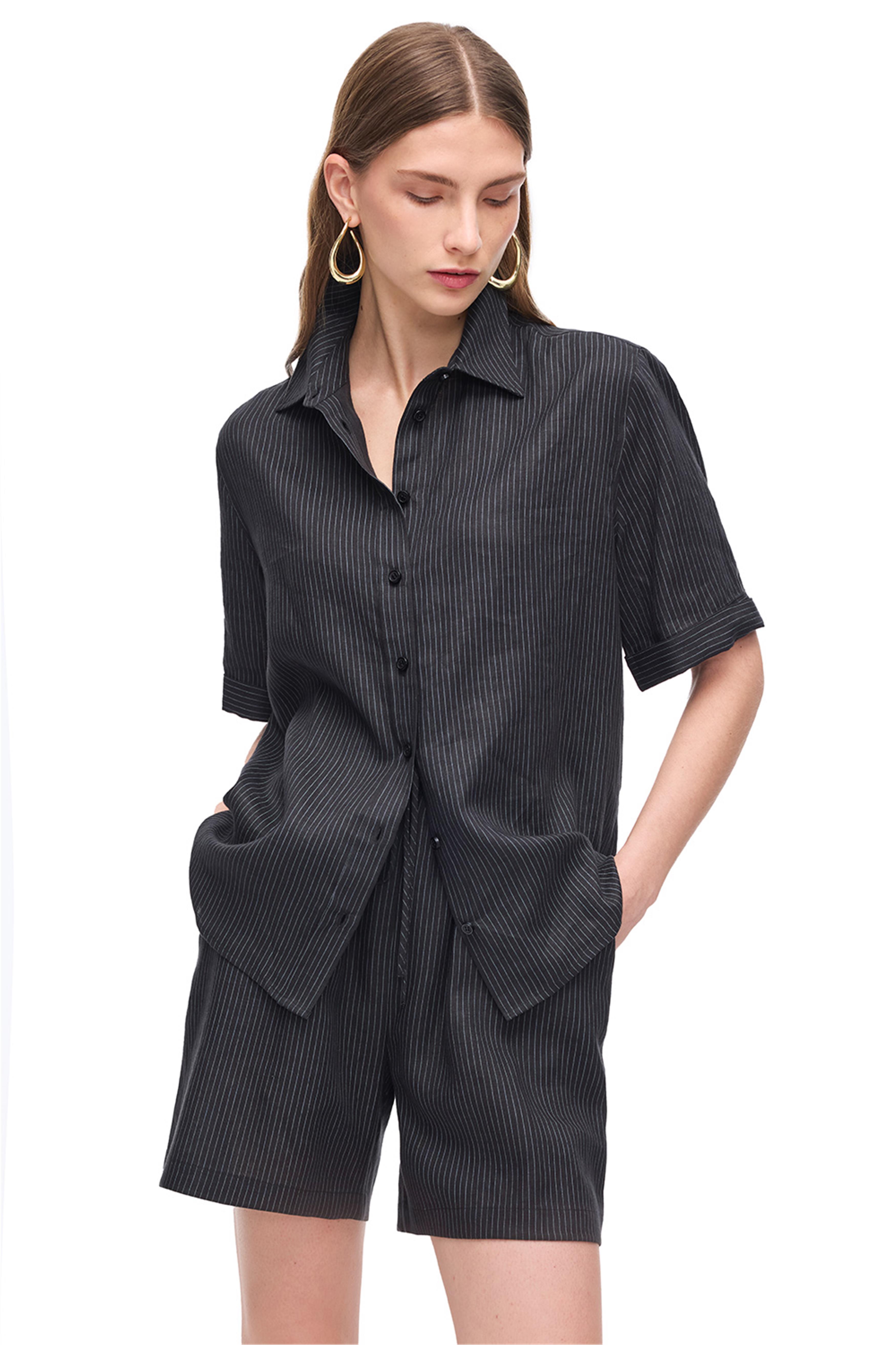 Siyah Yüksel Bel Keten Şort