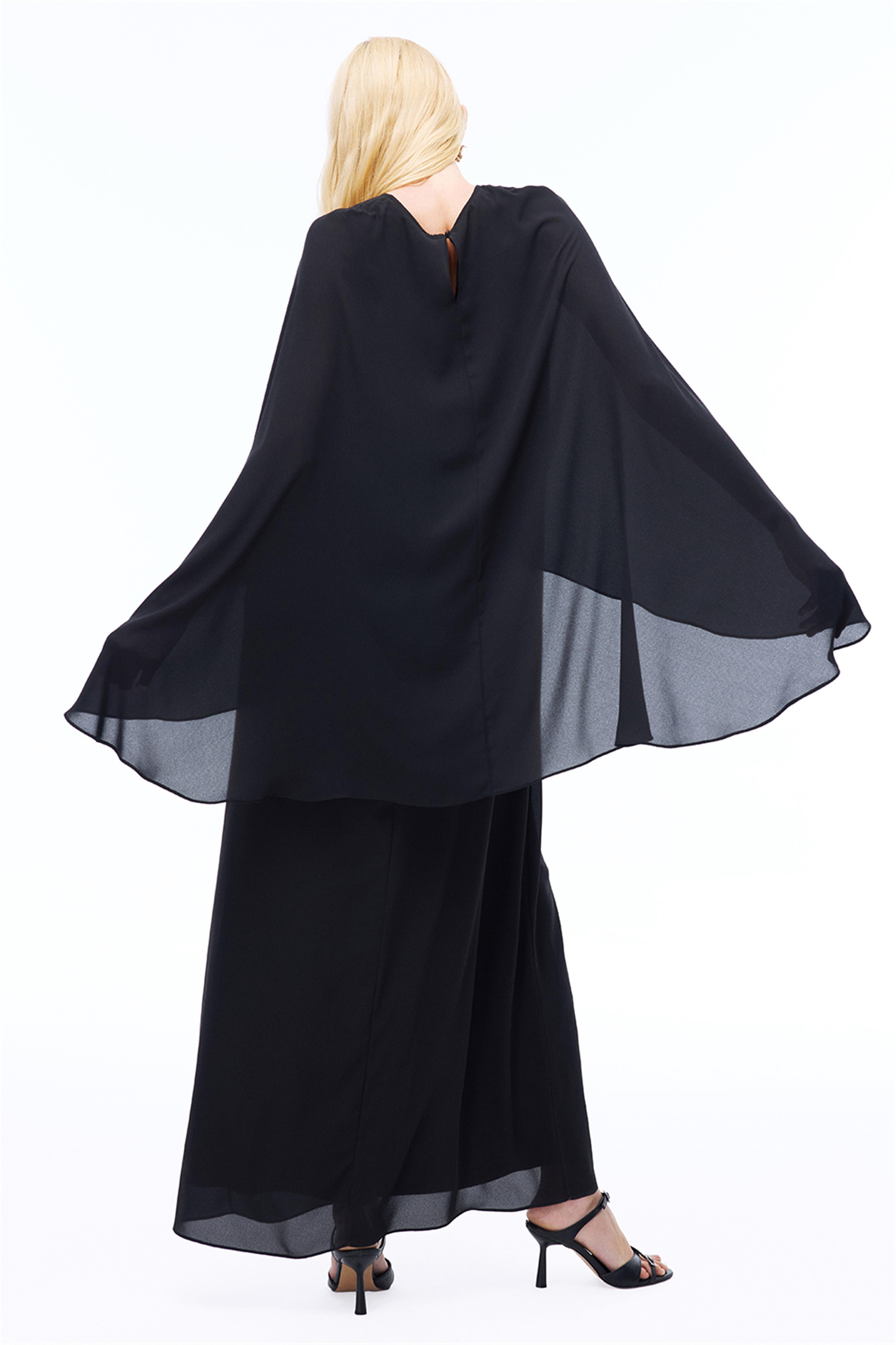 Siyah Yuvarlak Yaka Yarasa Kol Maxi Elbise