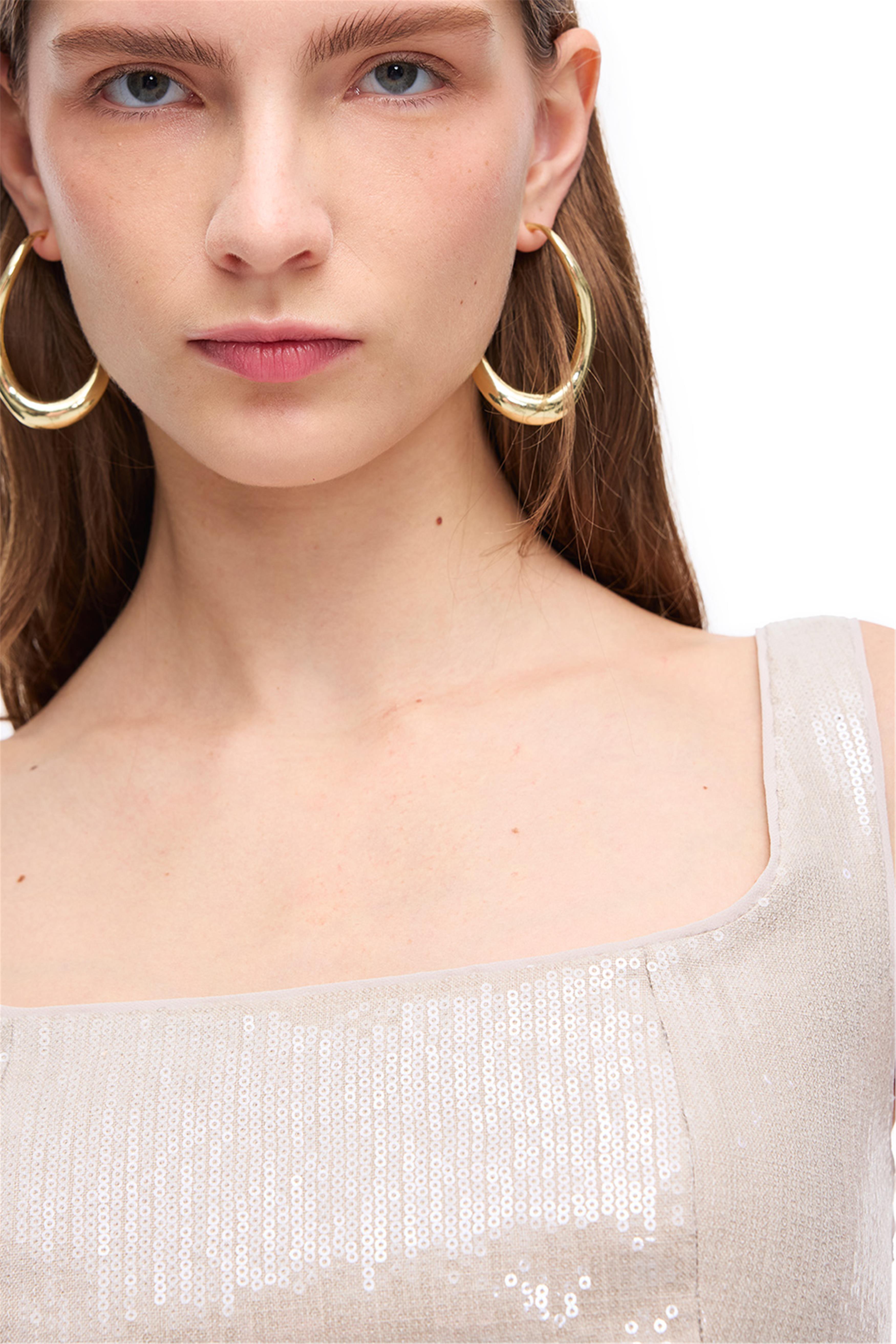 Taş Fermuarlı Askılı Keten Crop Bluz