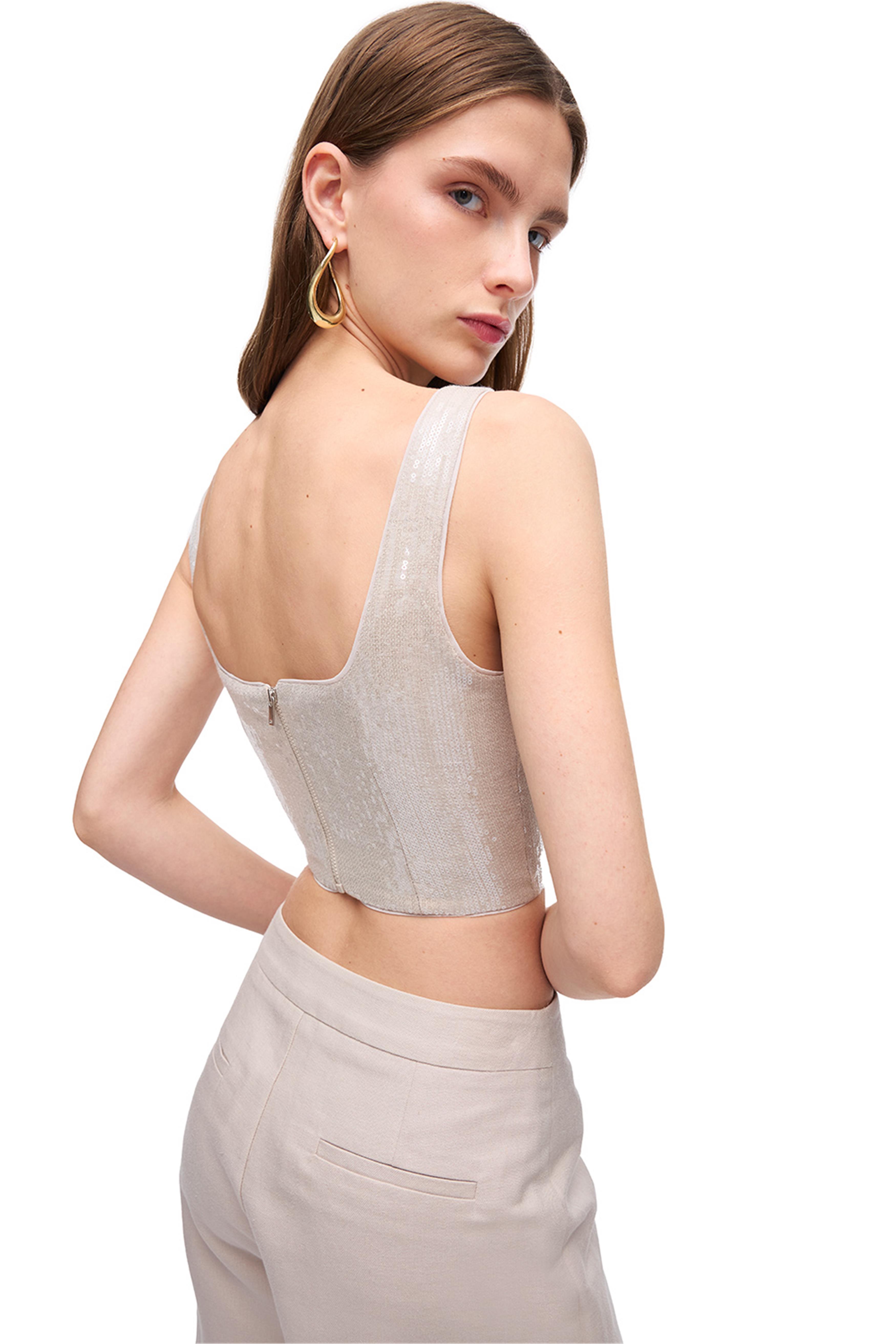 Taş Fermuarlı Askılı Keten Crop Bluz