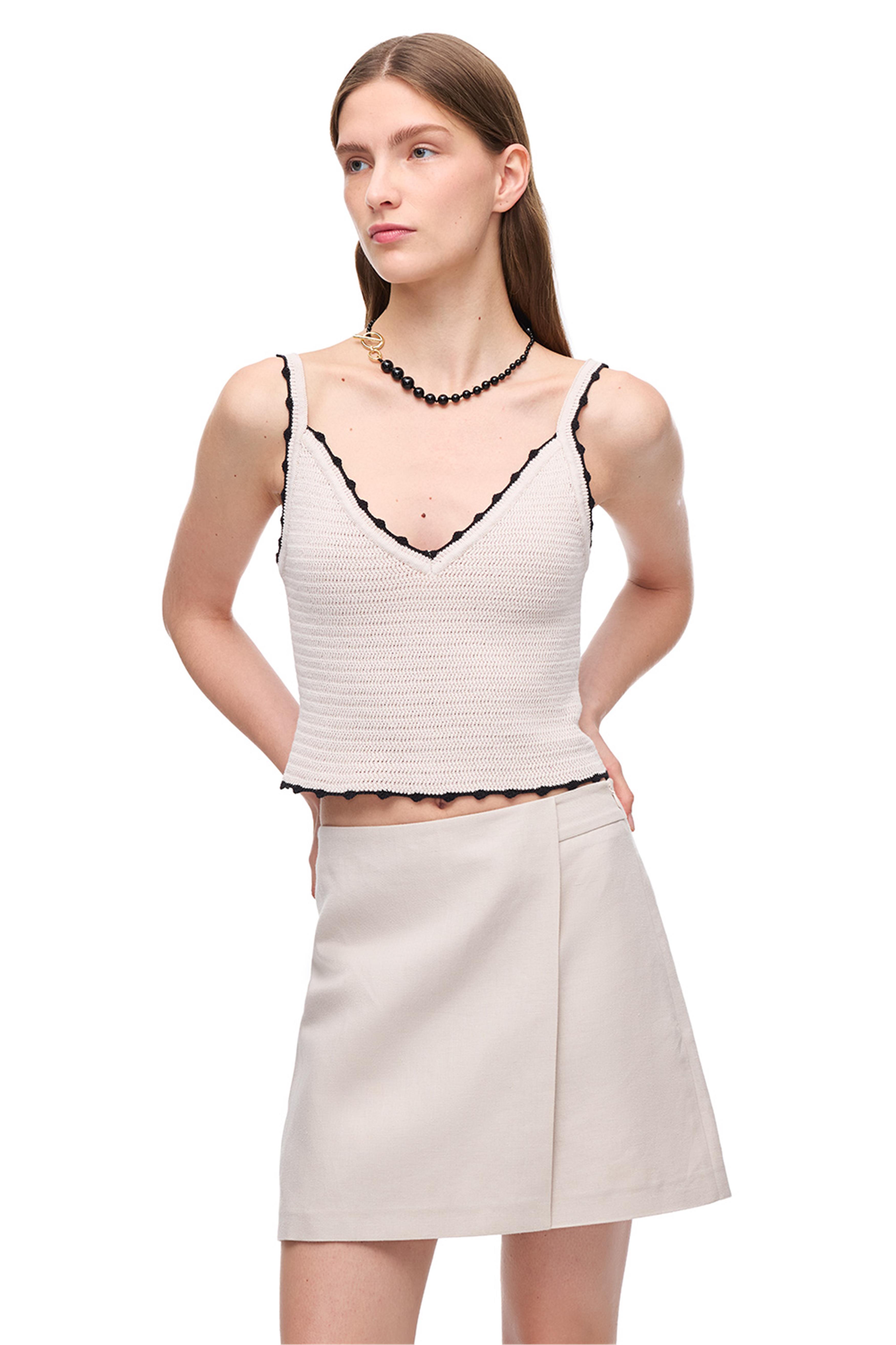 Taş Kontrast Örgü Detaylı V Yaka Triko