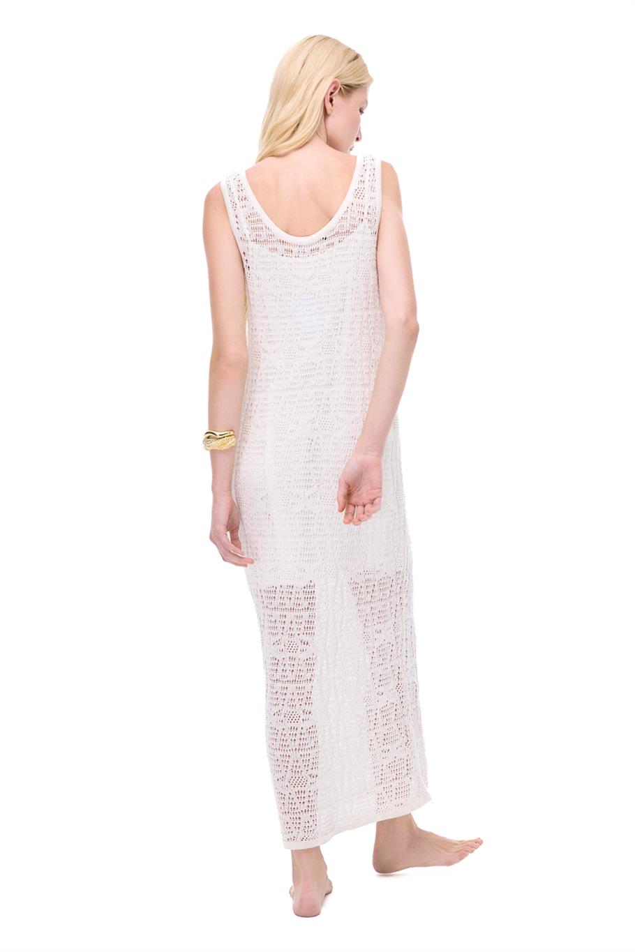 Triko Bele Oturan Bilek Boy Kolsuz U Yaka Bej Elbise