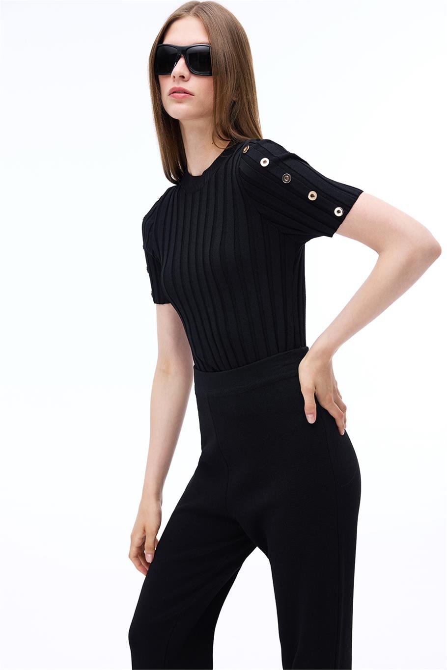 Triko Rahat Kalıp Bilek Boy Siyah Pantolon