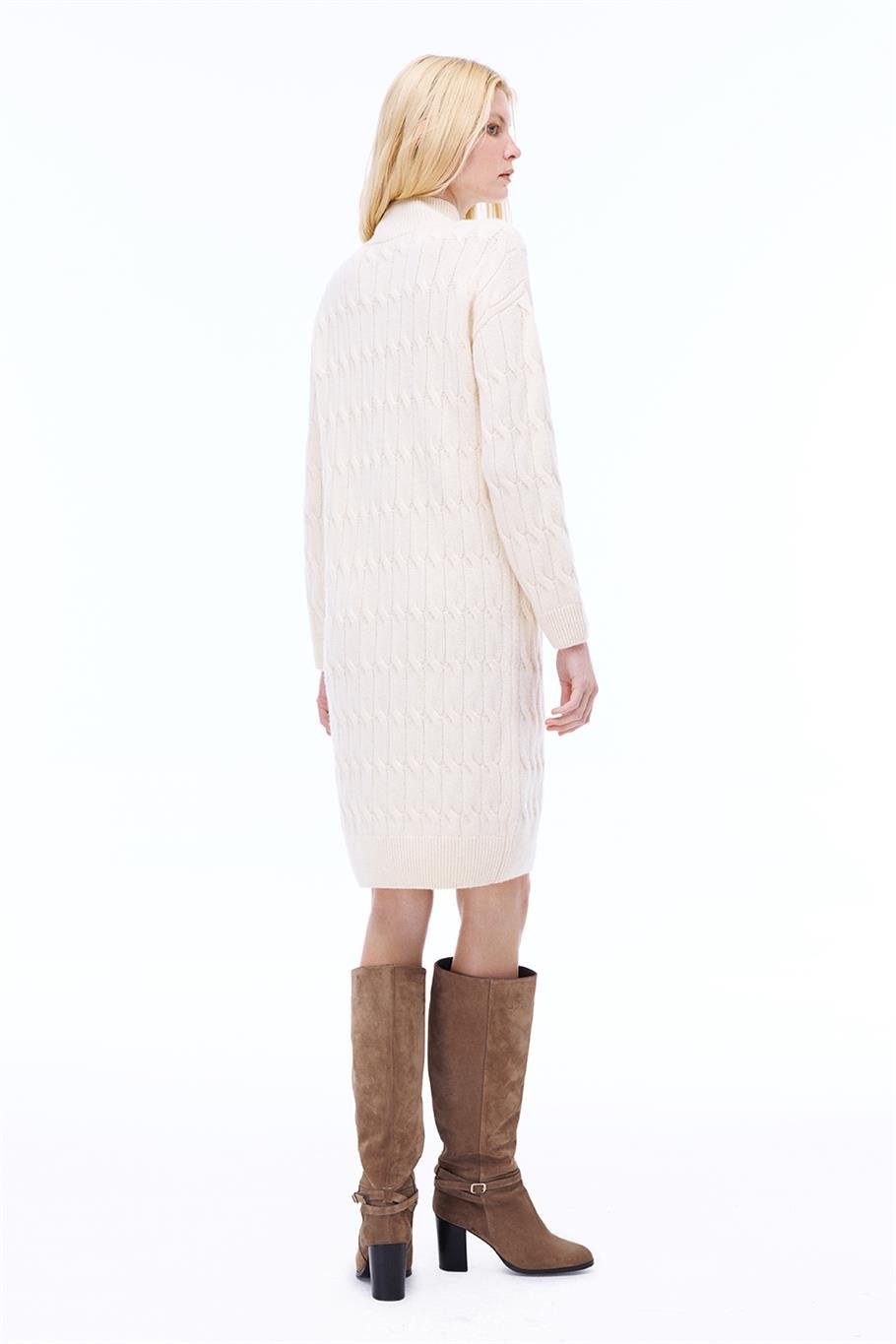 Triko Rahat Kalıp Diz Üstü Takma Kol Bisiklet Yaka Ekru Kazak