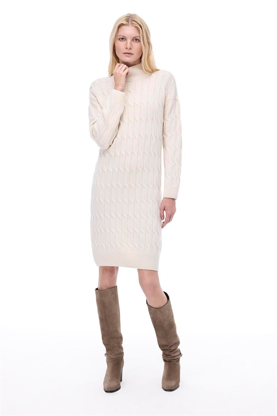 Triko Rahat Kalıp Diz Üstü Takma Kol Bisiklet Yaka Ekru Kazak