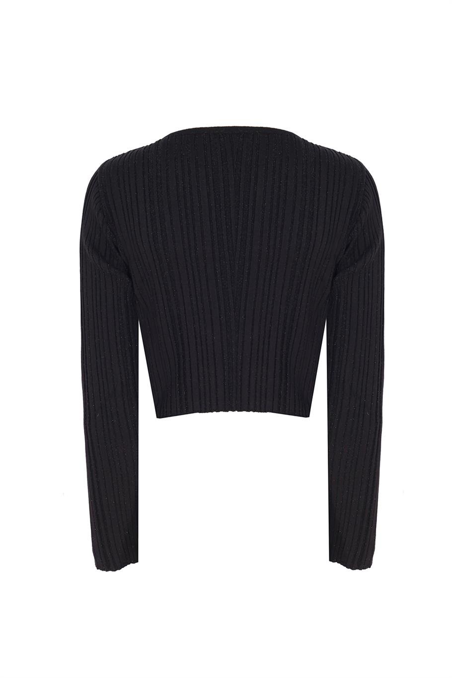 Triko Rahat Kalıp Kısa Boy Takma Kol Bisiklet Yaka Sıyah gumus Bluz