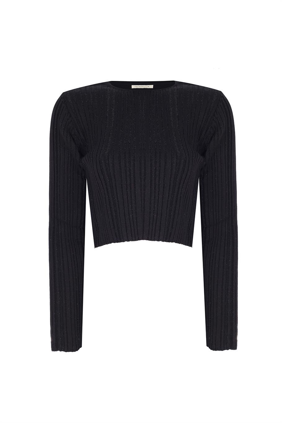 Triko Rahat Kalıp Kısa Boy Takma Kol Bisiklet Yaka Sıyah gumus Bluz