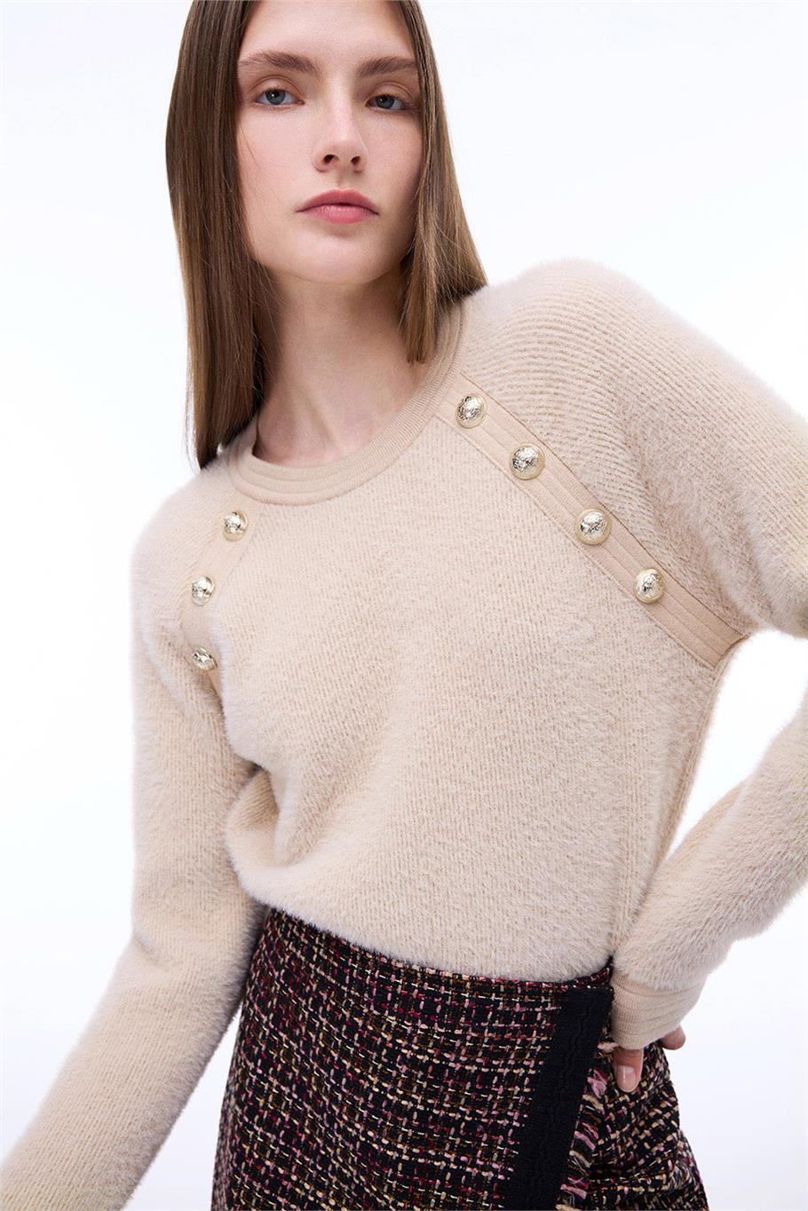 Triko Rahat Kalıp Standart Boy Reglan Kol Bisiklet Yaka Vizon Kazak