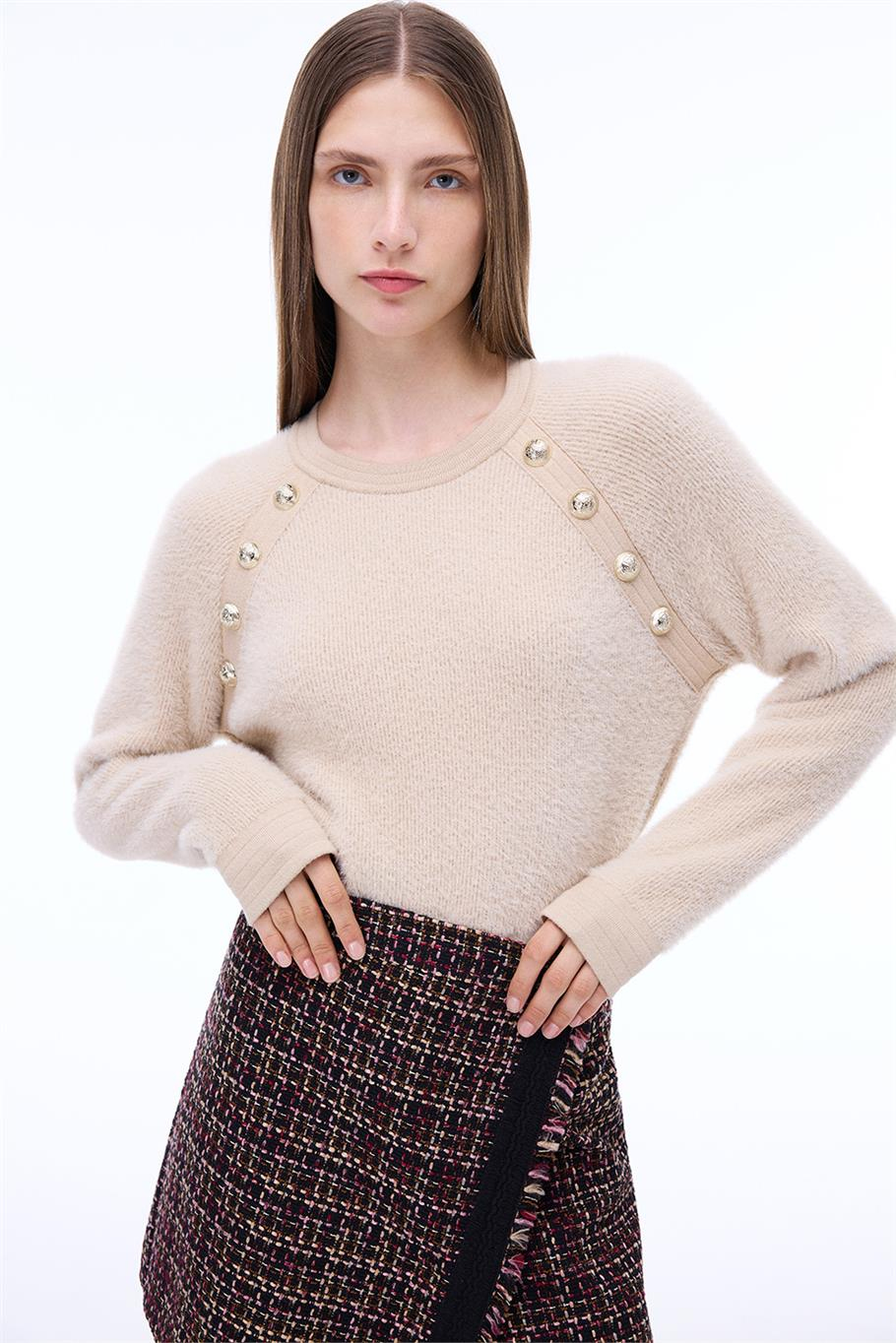 Triko Rahat Kalıp Standart Boy Reglan Kol Bisiklet Yaka Vizon Kazak