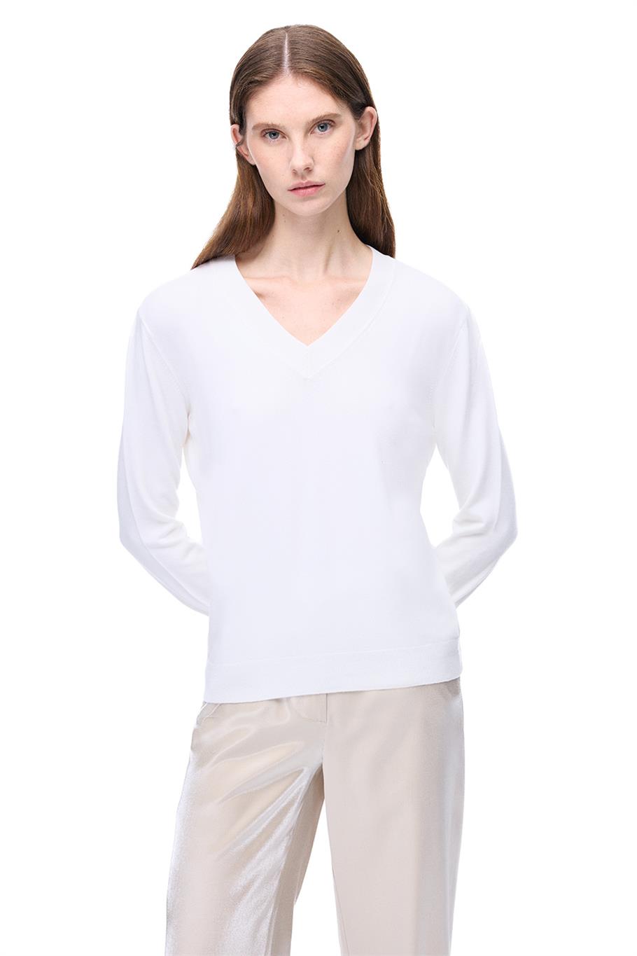 Triko Rahat Kalıp Standart Boy Takma Kol V-Yaka Ekru Kazak