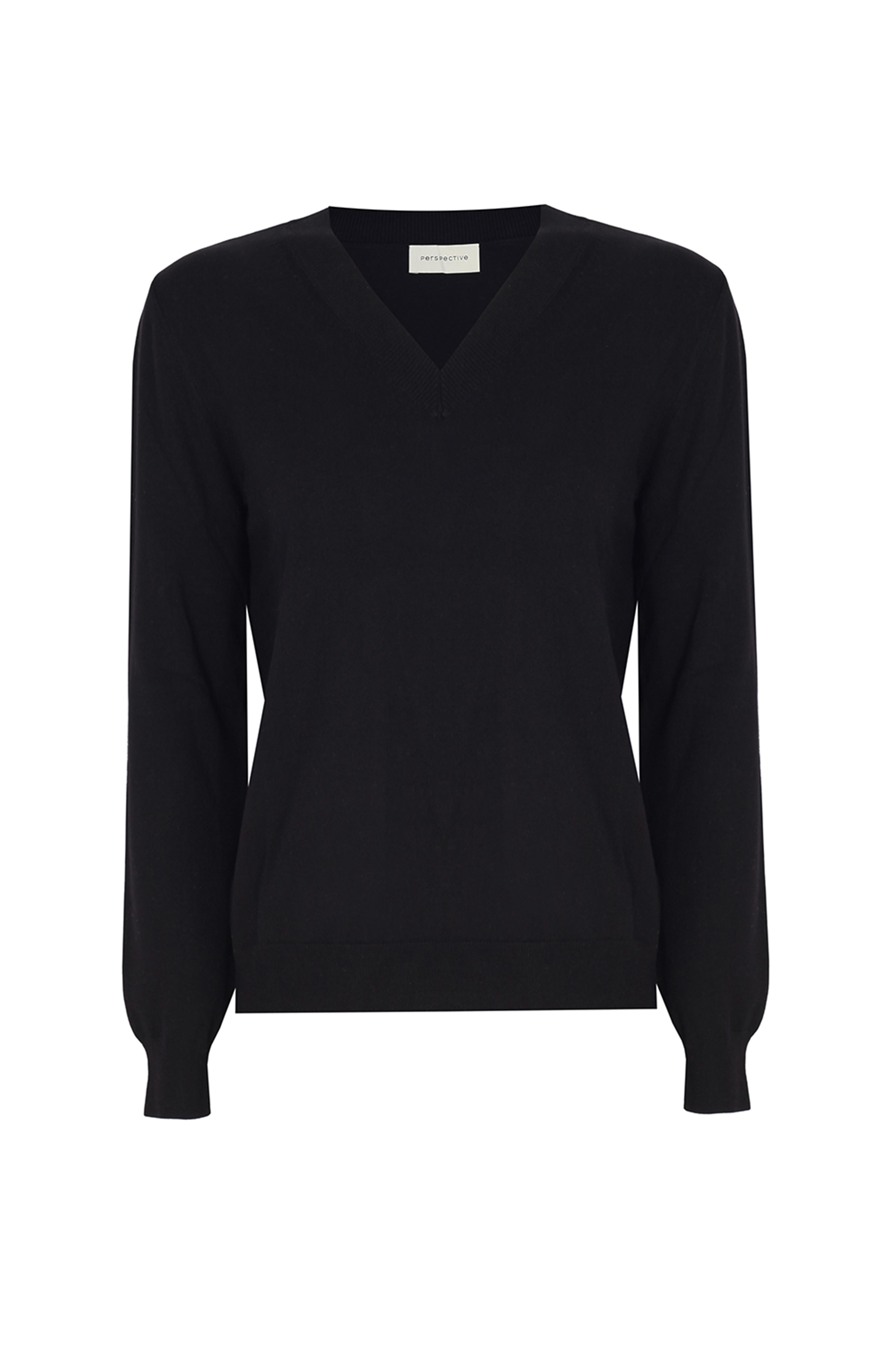 Triko Rahat Kalıp Standart Boy Takma Kol V-Yaka Siyah Kazak