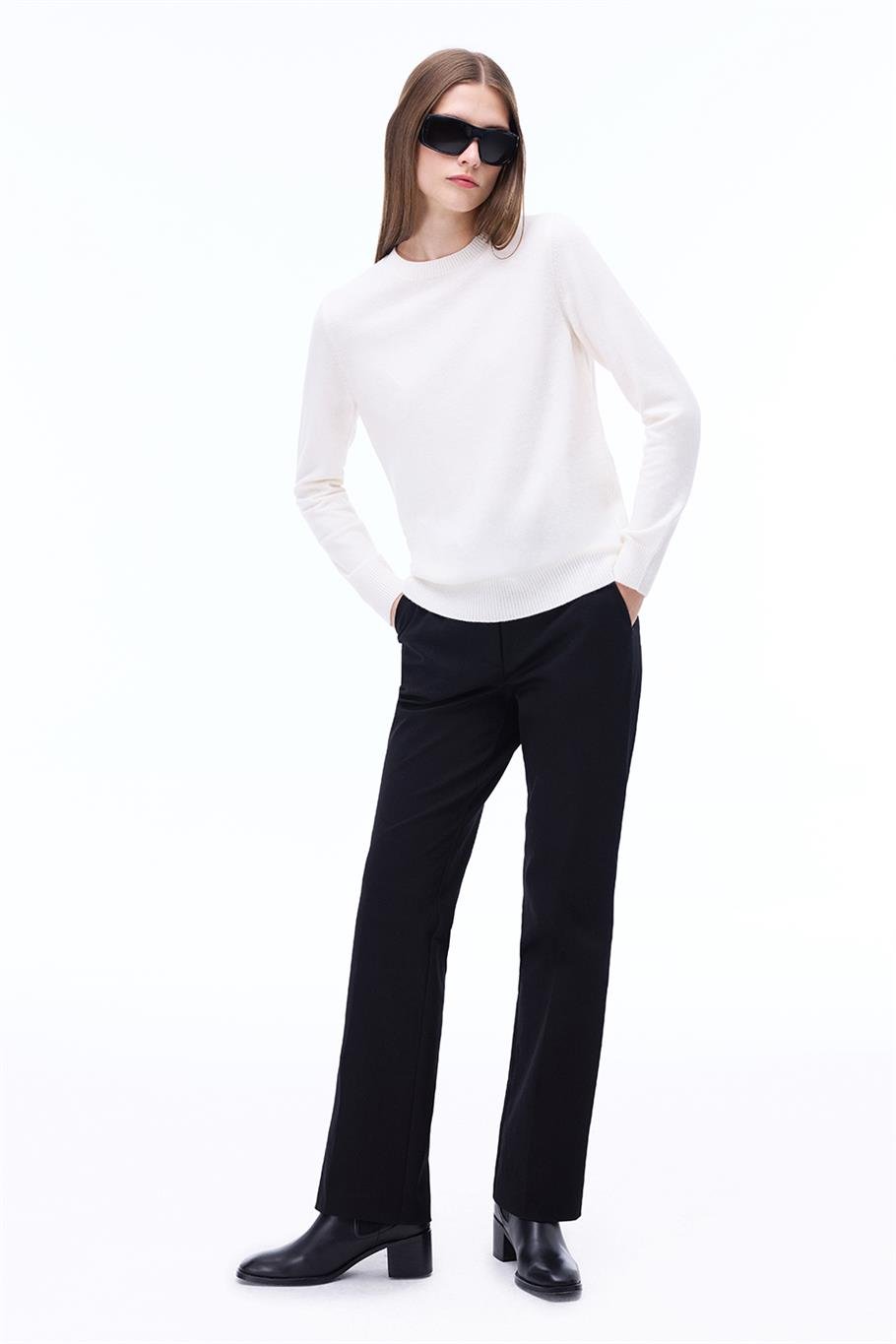 Triko Rahat Kalıp Standart Boy Takma Kol Bisiklet Yaka Ekru Kazak