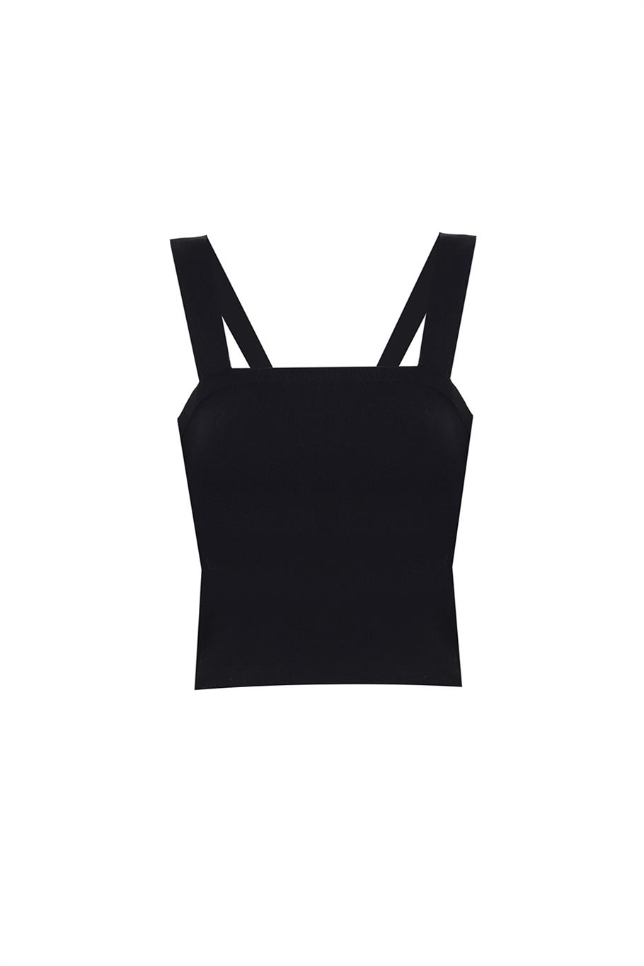 Triko Skinny Fit Crop Boy Askılı Kare Yaka Siyah Bluz