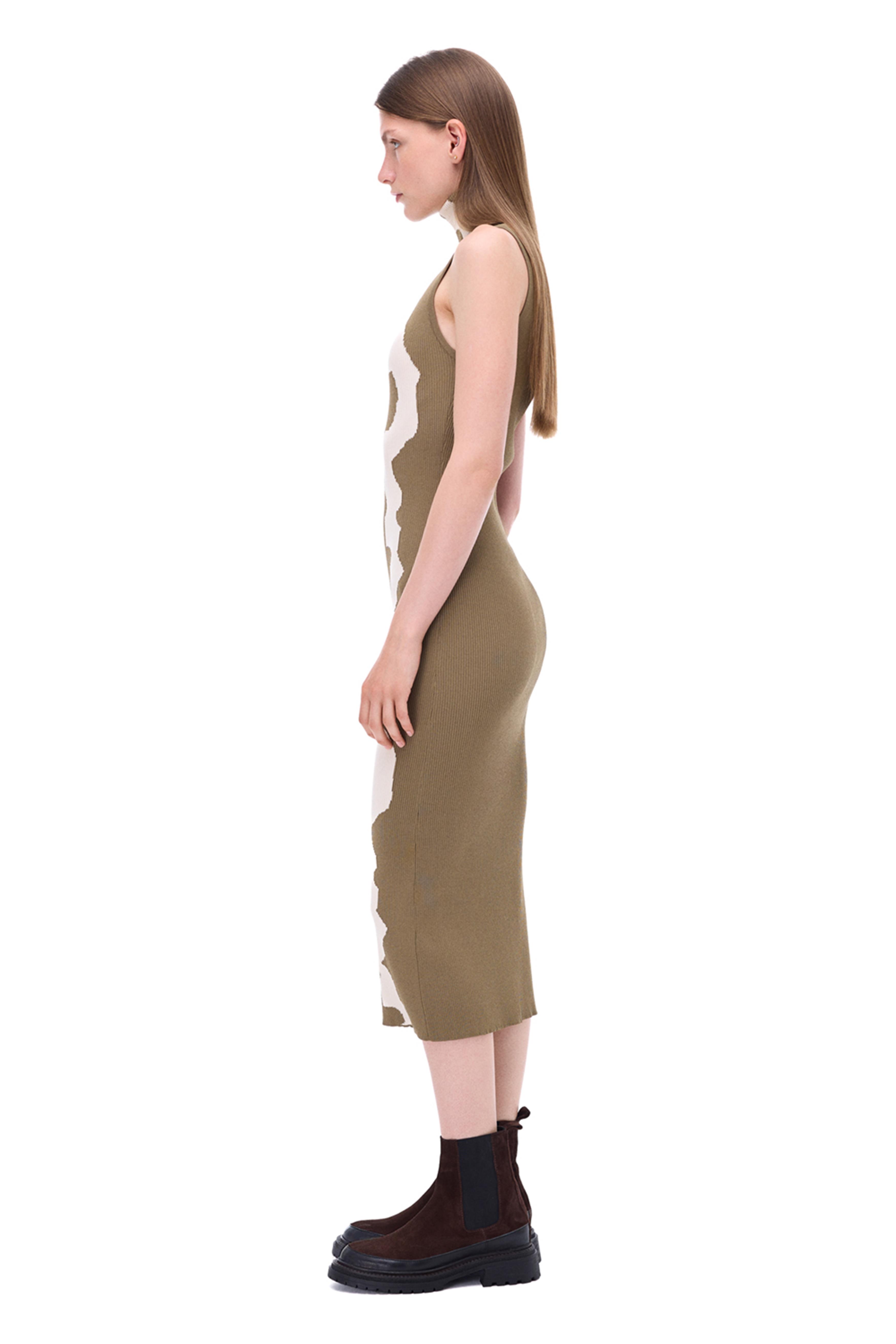 Triko Slim Fit Diz Altı Kolsuz Balıkçı Yaka Hakı Elbise