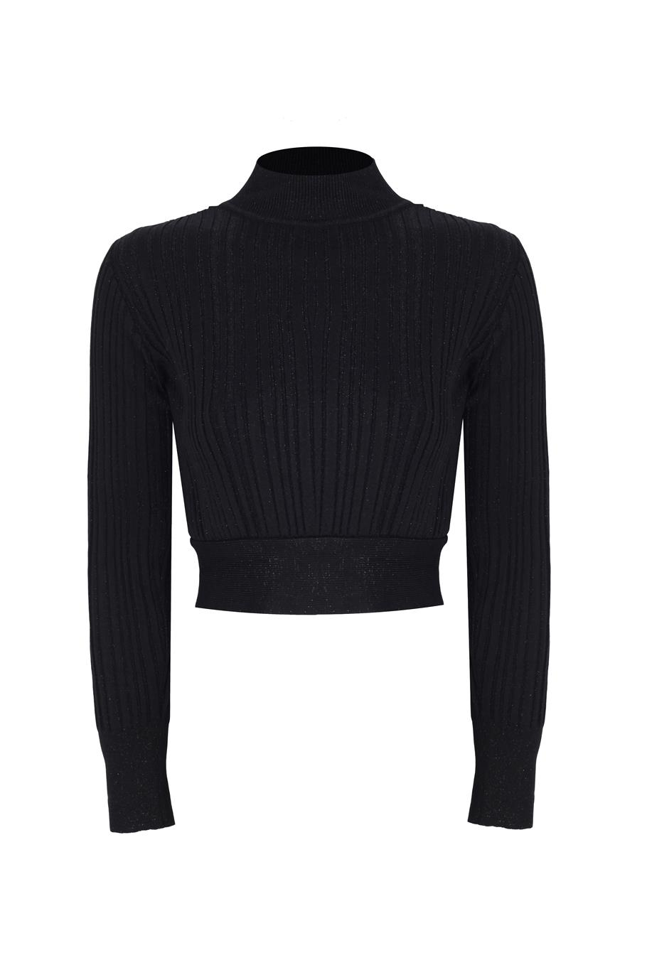 Triko Slim Fit Kısa Boy Takma Kol Balıkçı Yaka Siyah Bluz