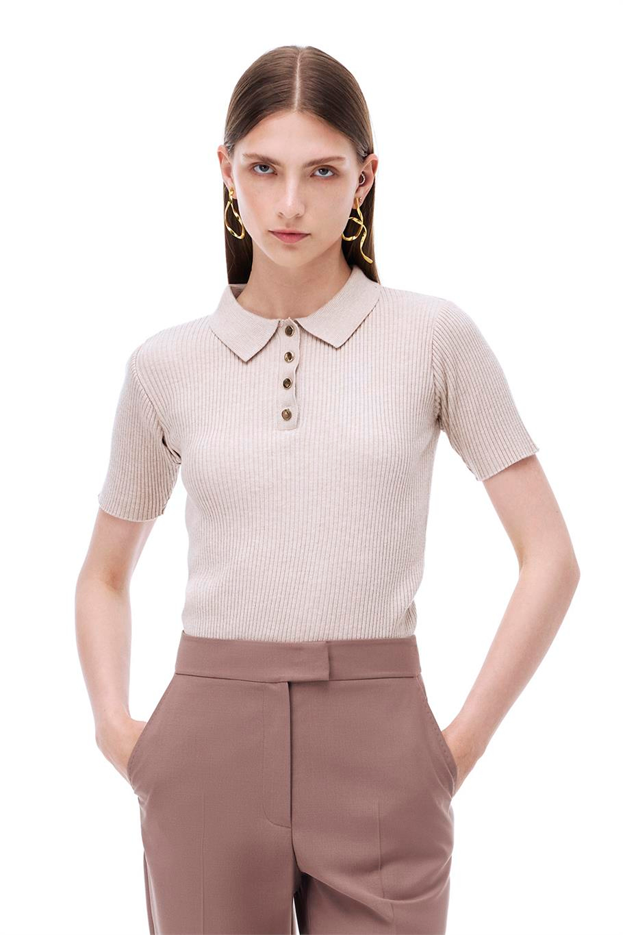 Triko Slim Fit Standart Boy Takma Kol Gömlek Yaka Vizon Bluz