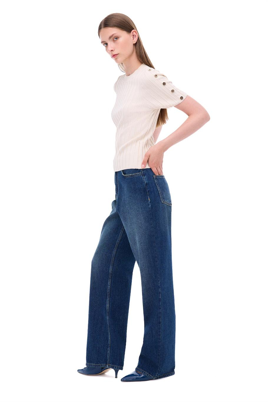 Triko Slim Fit Standart Boy Takma Kol Bisiklet Yaka Bej Bluz