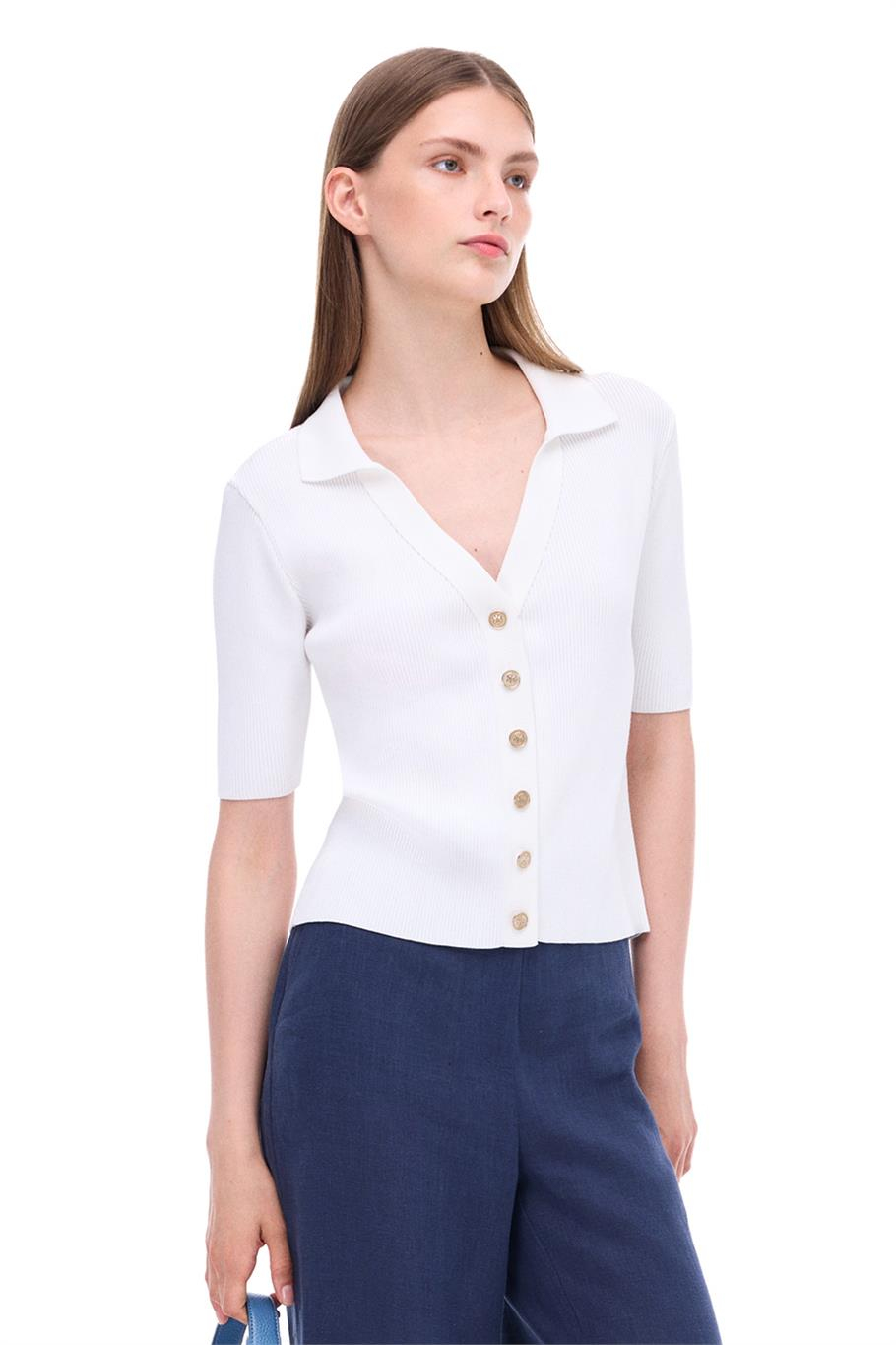 Triko Slim Fit Standart Boy Takma Kol Gömlek Yaka Ekru Bluz