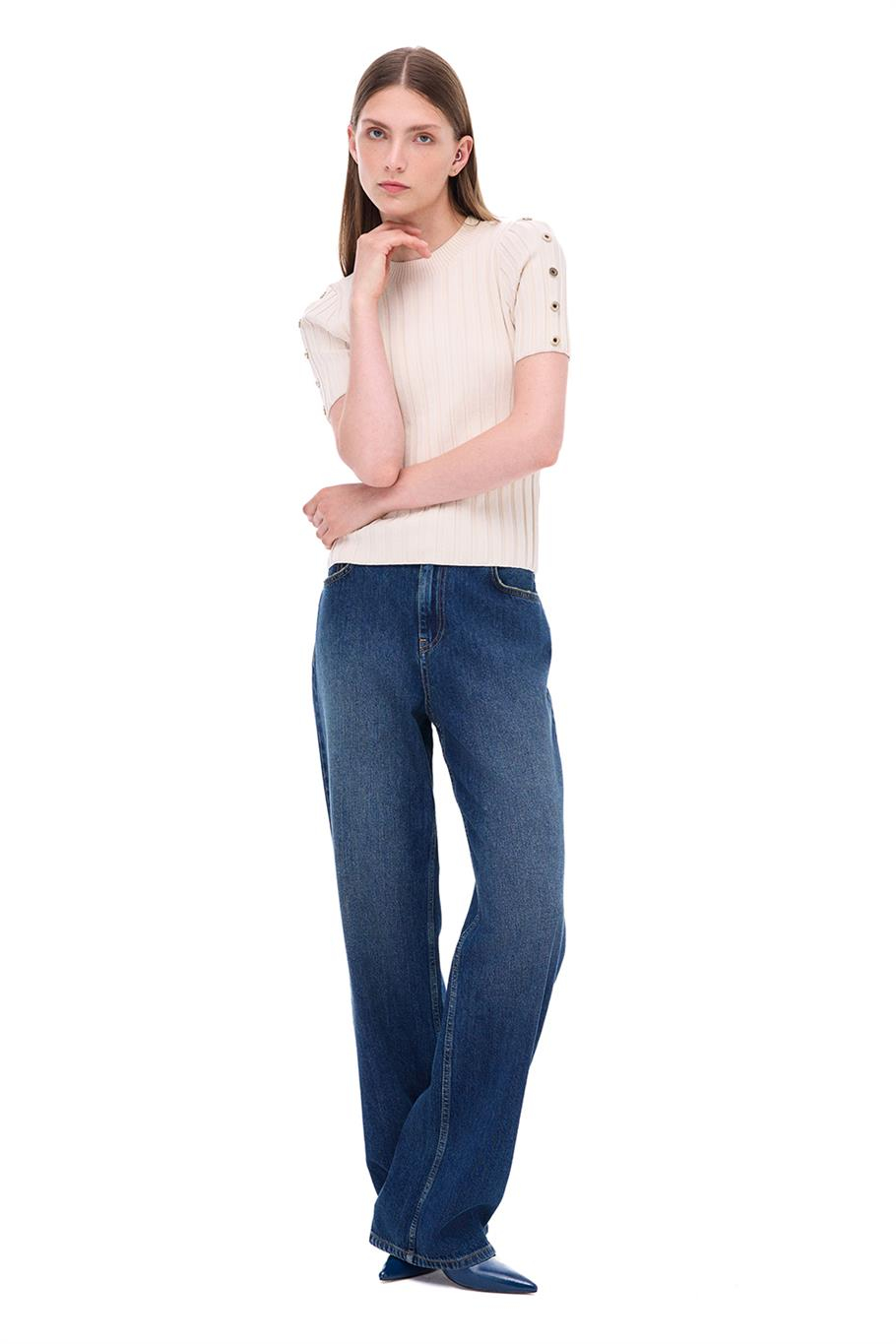 Triko Slim Fit Standart Boy Takma Kol Bisiklet Yaka Bej Bluz