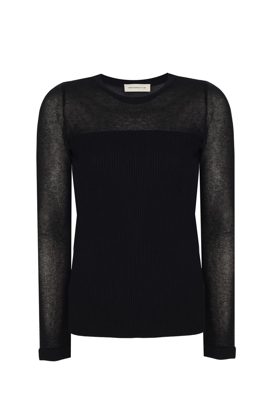 Triko Slim Fit Standart Boy Takma Kol Bisiklet Yaka Siyah Bluz