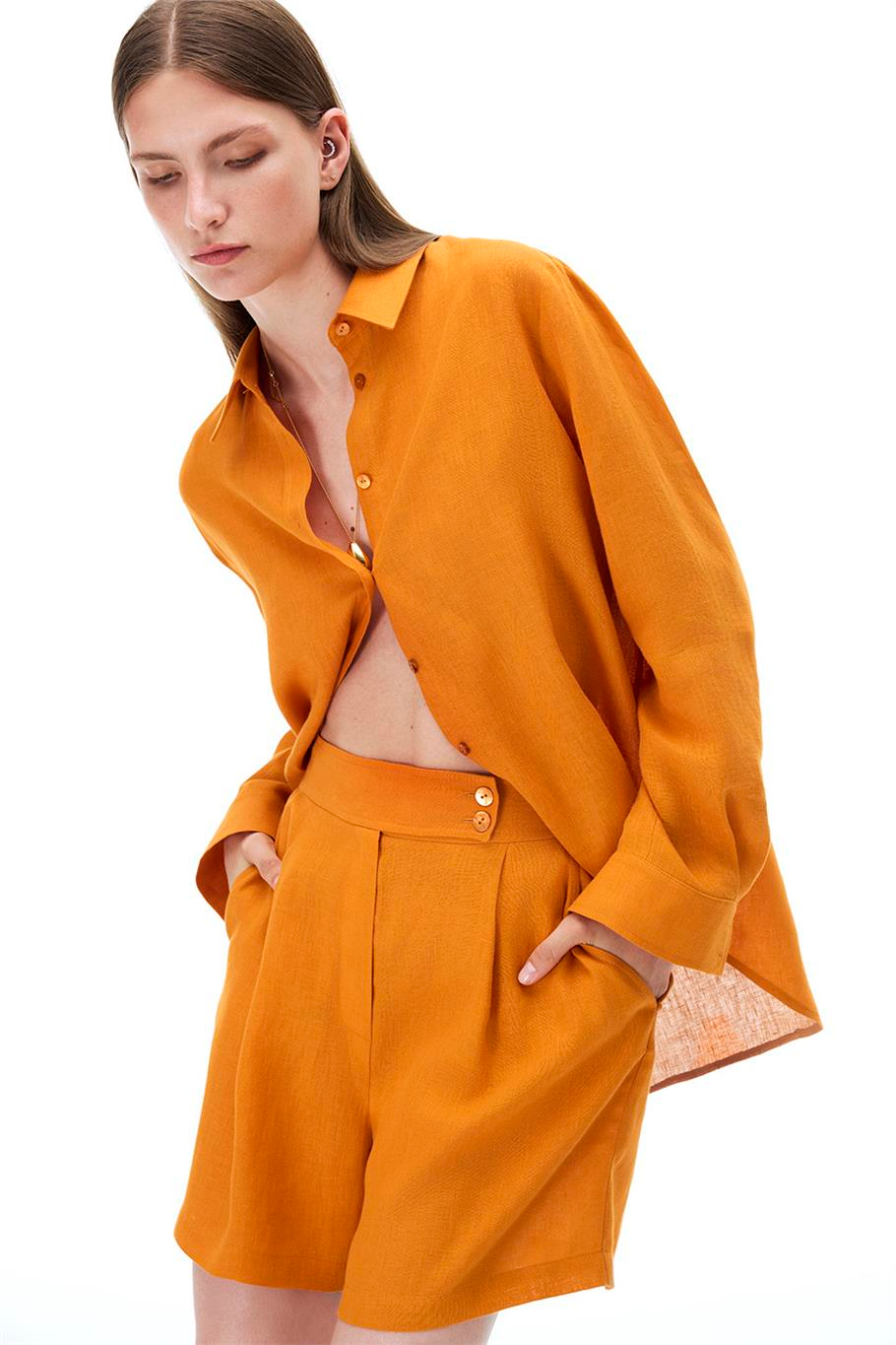 Turuncu %100 Keten Yüksek Bel Straight Leg Şort